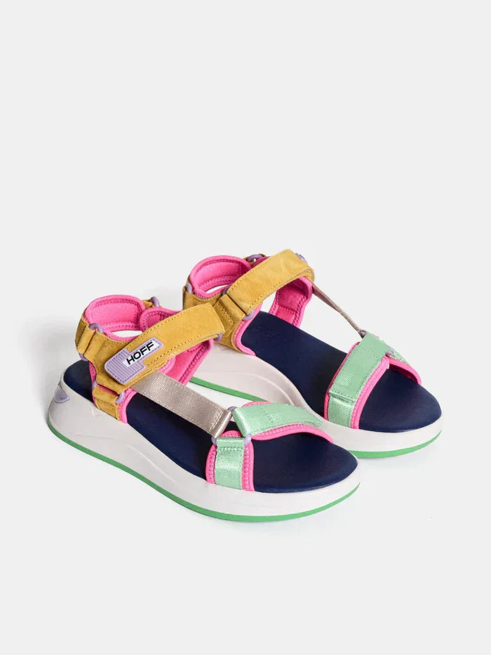 Colorful women's sandals with adjustable straps, navy blue footbed, and white platform sole