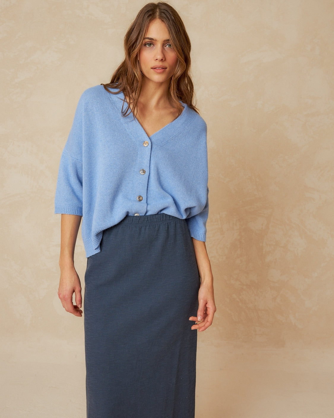 Indi & Cold Knitted Cardigan Short Sleeve in Sky Blue - the tartan fox