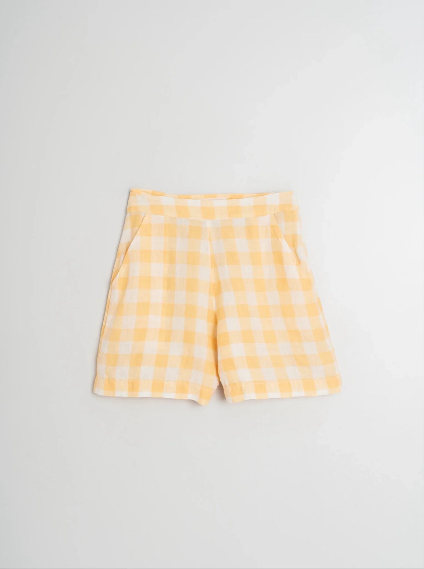 Yellow and white gingham shorts for women, stylish summer fashion with a relaxed fit