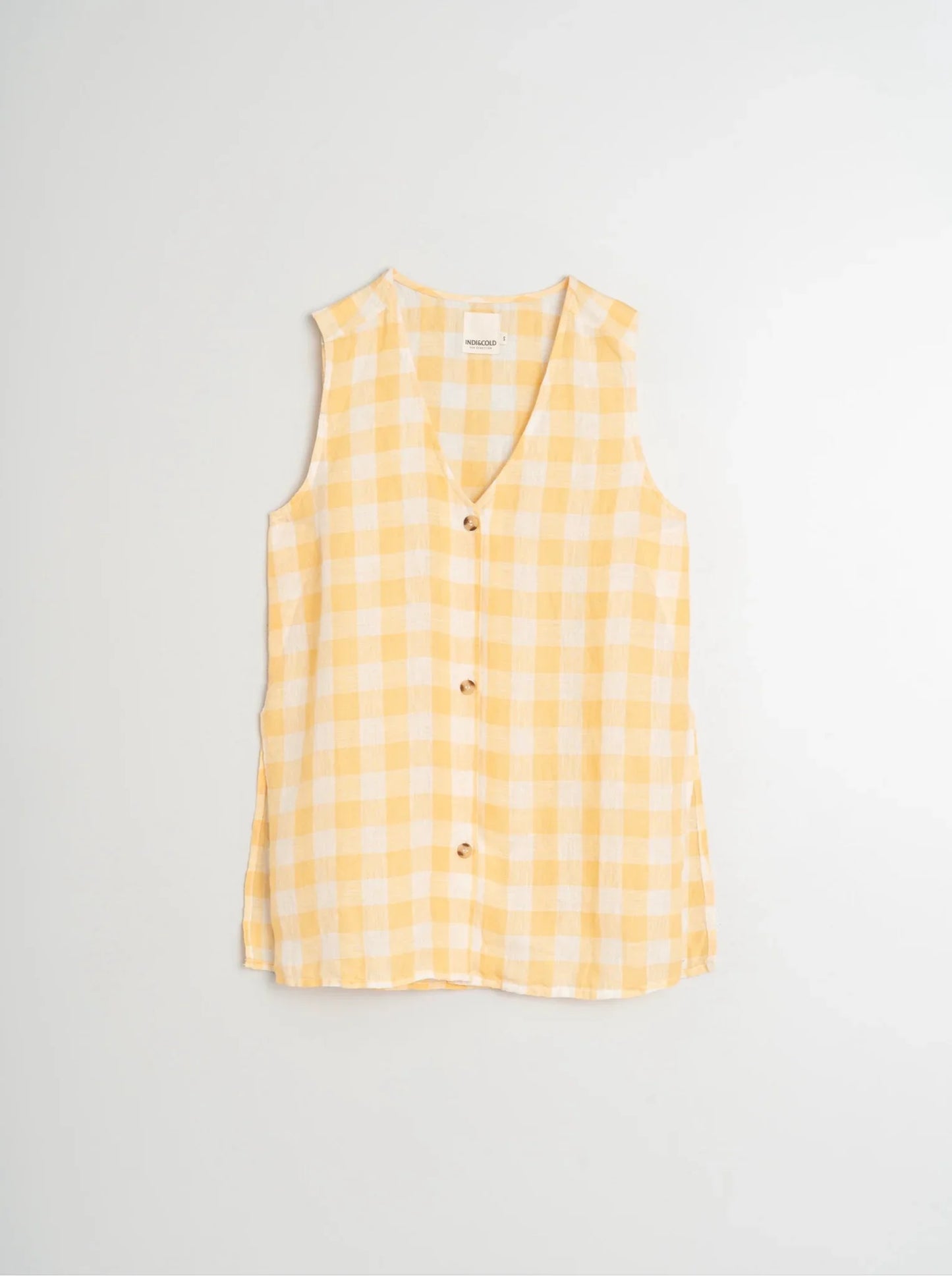 Yellow and white gingham sleeveless top with button front, V-neck, and relaxed fit
