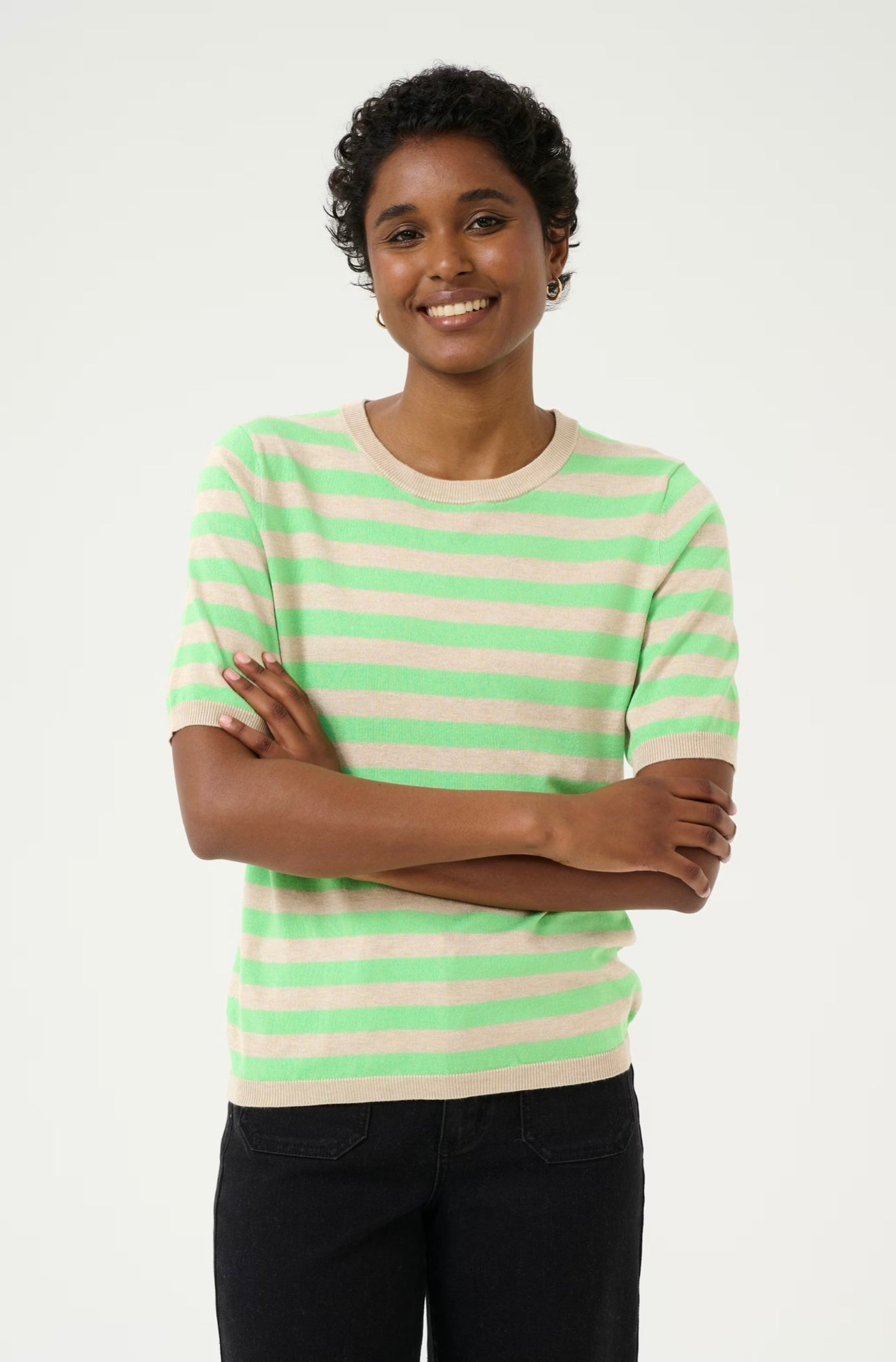 Kaffe KAlizza Striped Knit in Feather Gray Mel/Green - the tartan fox