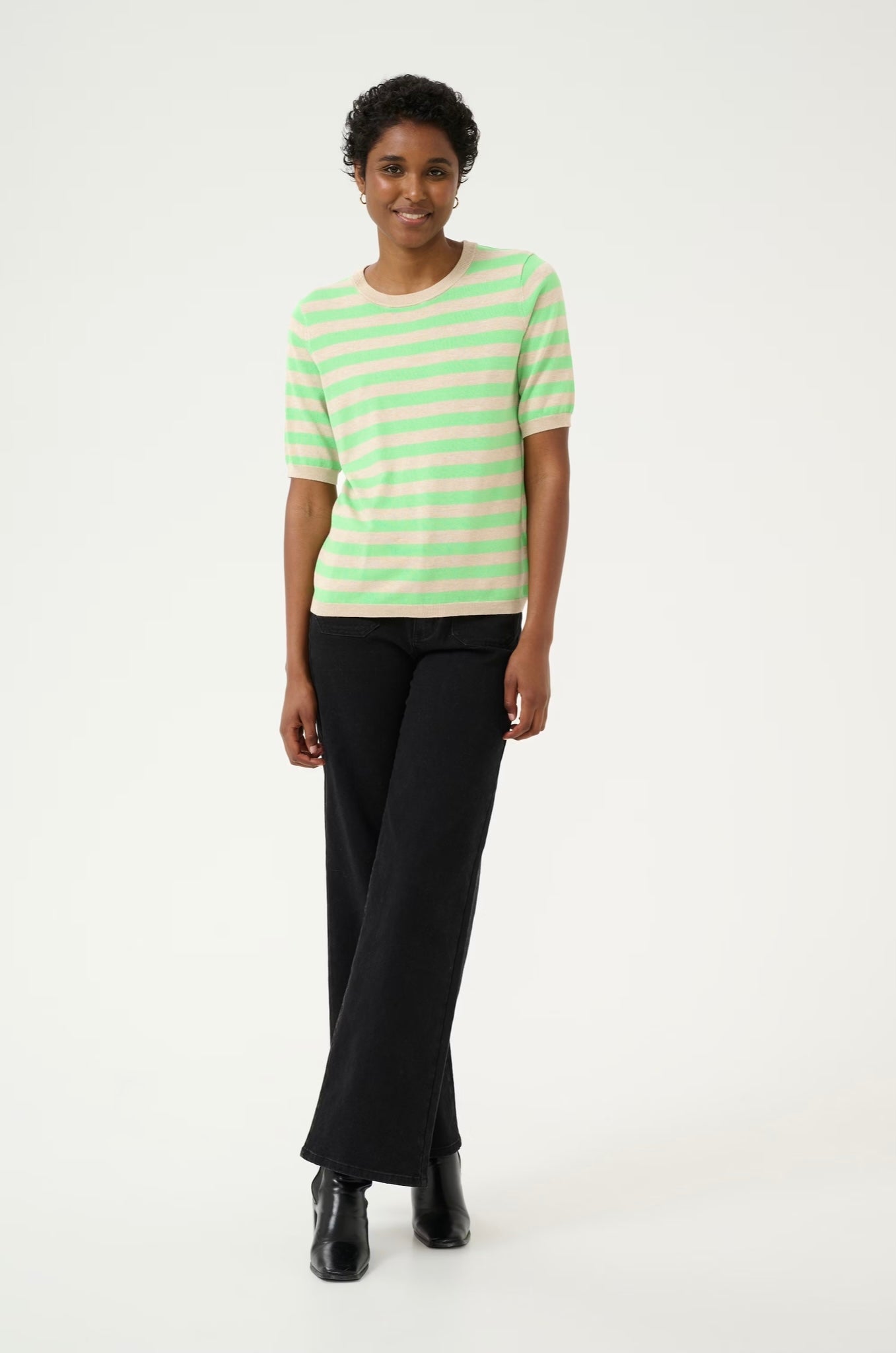 Kaffe KAlizza Striped Knit in Feather Gray Mel/Green - the tartan fox