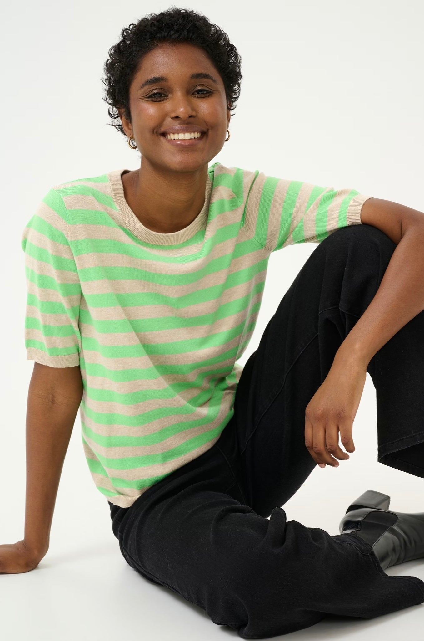 Kaffe KAlizza Striped Knit in Feather Gray Mel/Green - the tartan fox