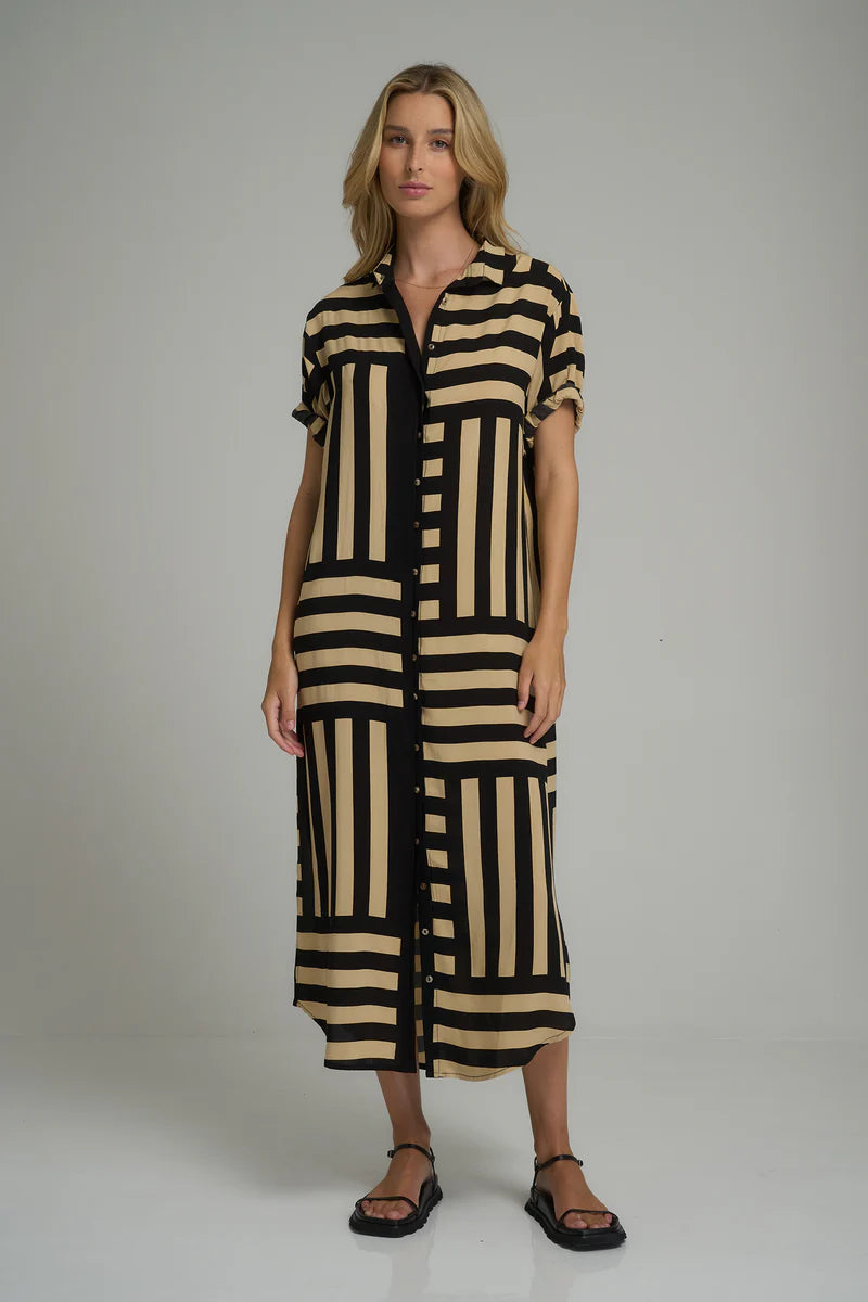 Lilya Hutton Dress - Oxford Block Print in Black and Chai - the tartan fox
