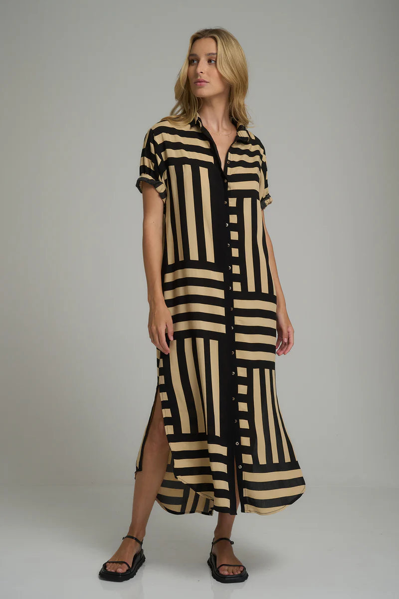Lilya Hutton Dress - Oxford Block Print in Black and Chai - the tartan fox