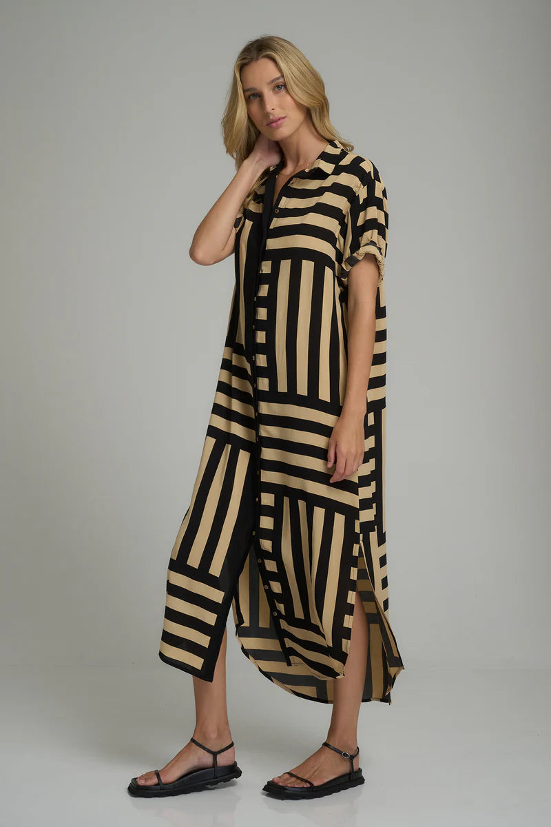 Lilya Hutton Dress - Oxford Block Print in Black and Chai - the tartan fox