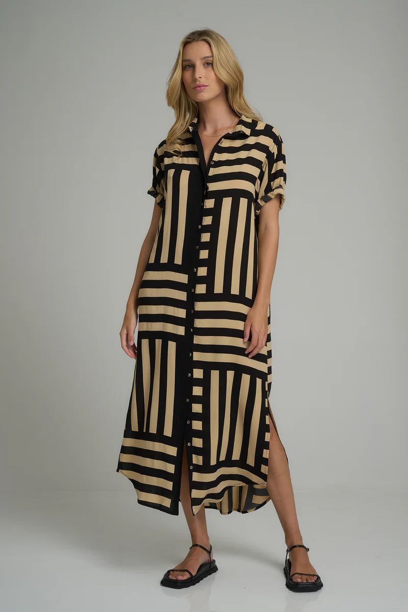 Lilya Hutton Dress - Oxford Block Print in Black and Chai - the tartan fox