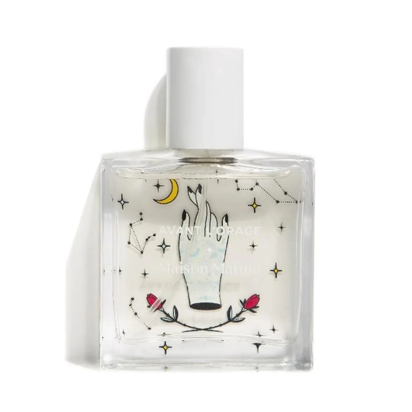 Clear glass perfume bottle with celestial hand design, stars, moon, and roses, white cap