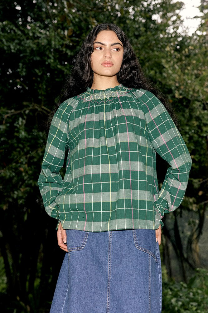 Nancybird Rowena Smocked Blouse in Fern - the tartan fox