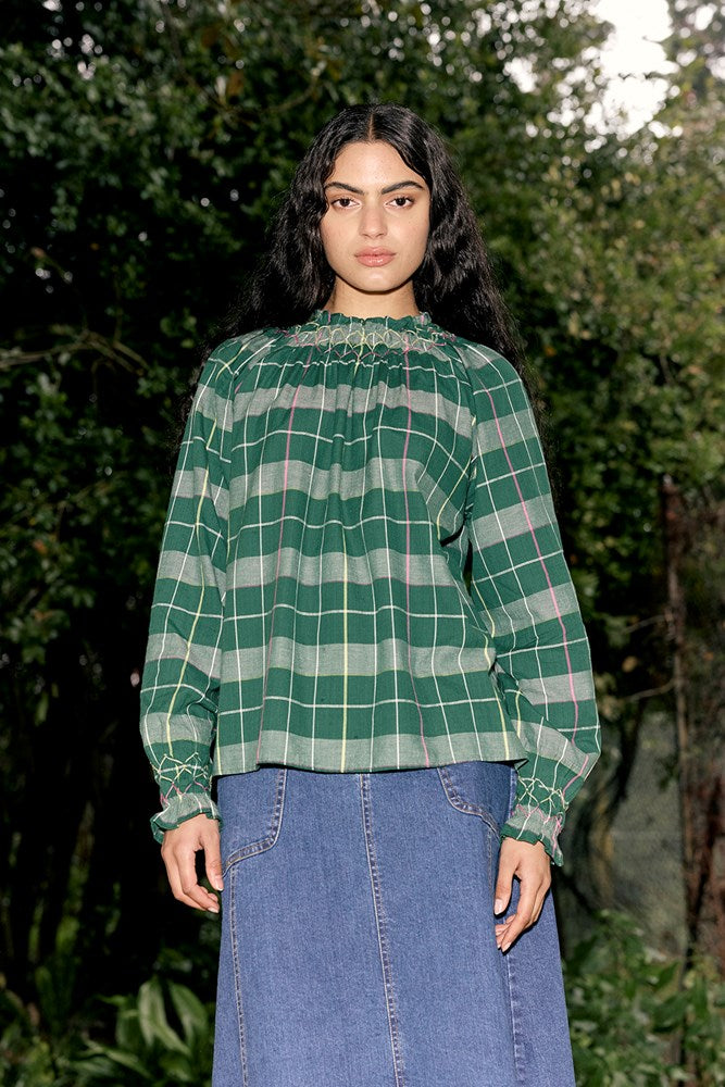 Nancybird Rowena Smocked Blouse in Fern - the tartan fox