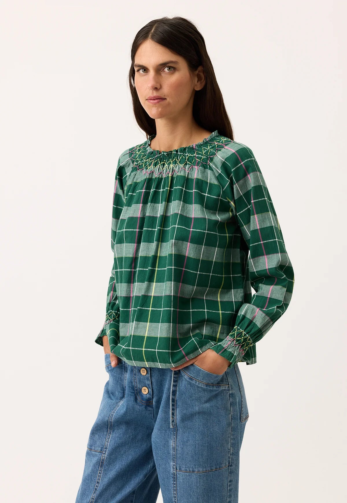 Nancybird Rowena Smocked Blouse in Fern - the tartan fox