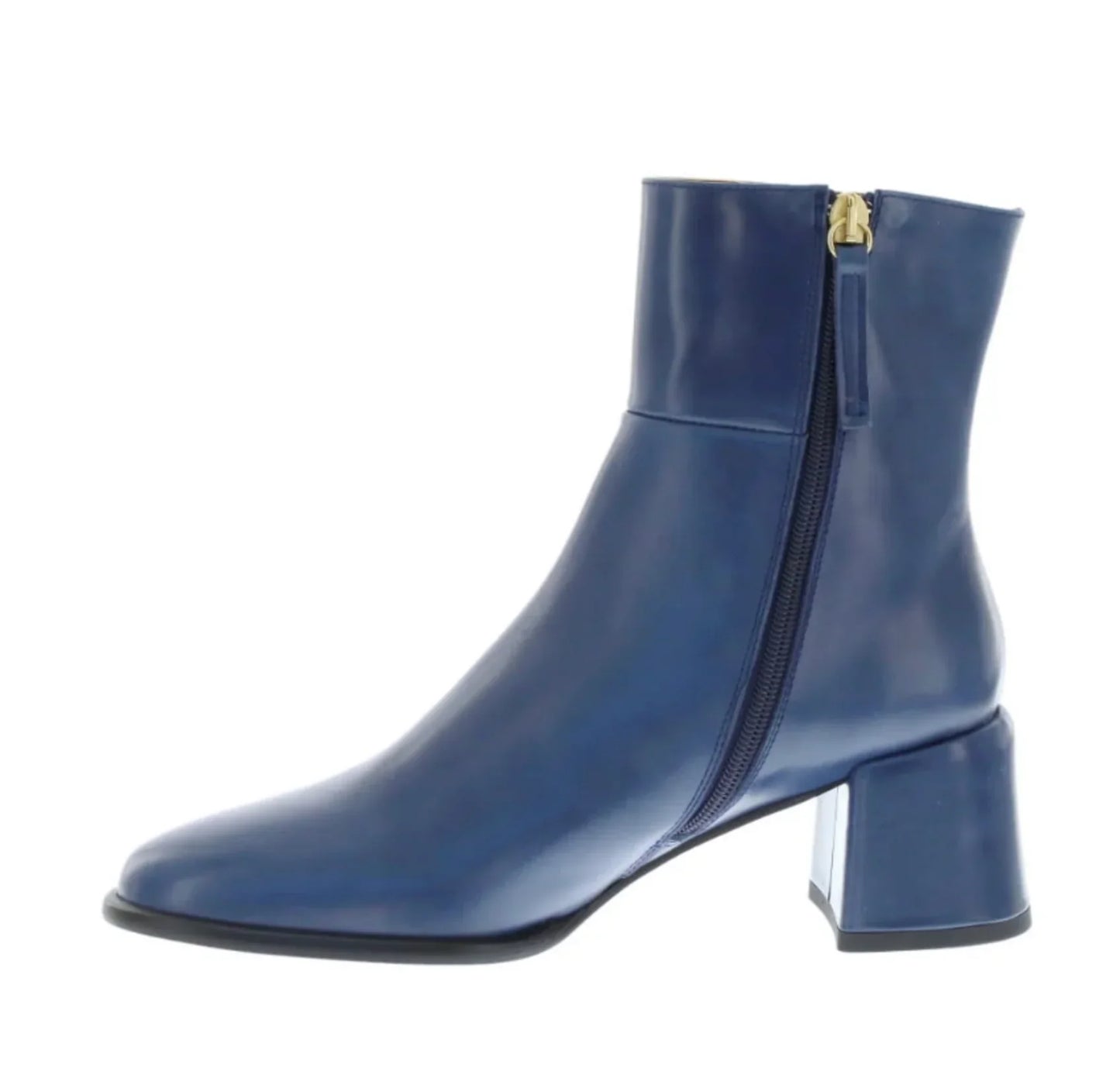 Blue ankle boot with gold zipper and block heel for women's fashion