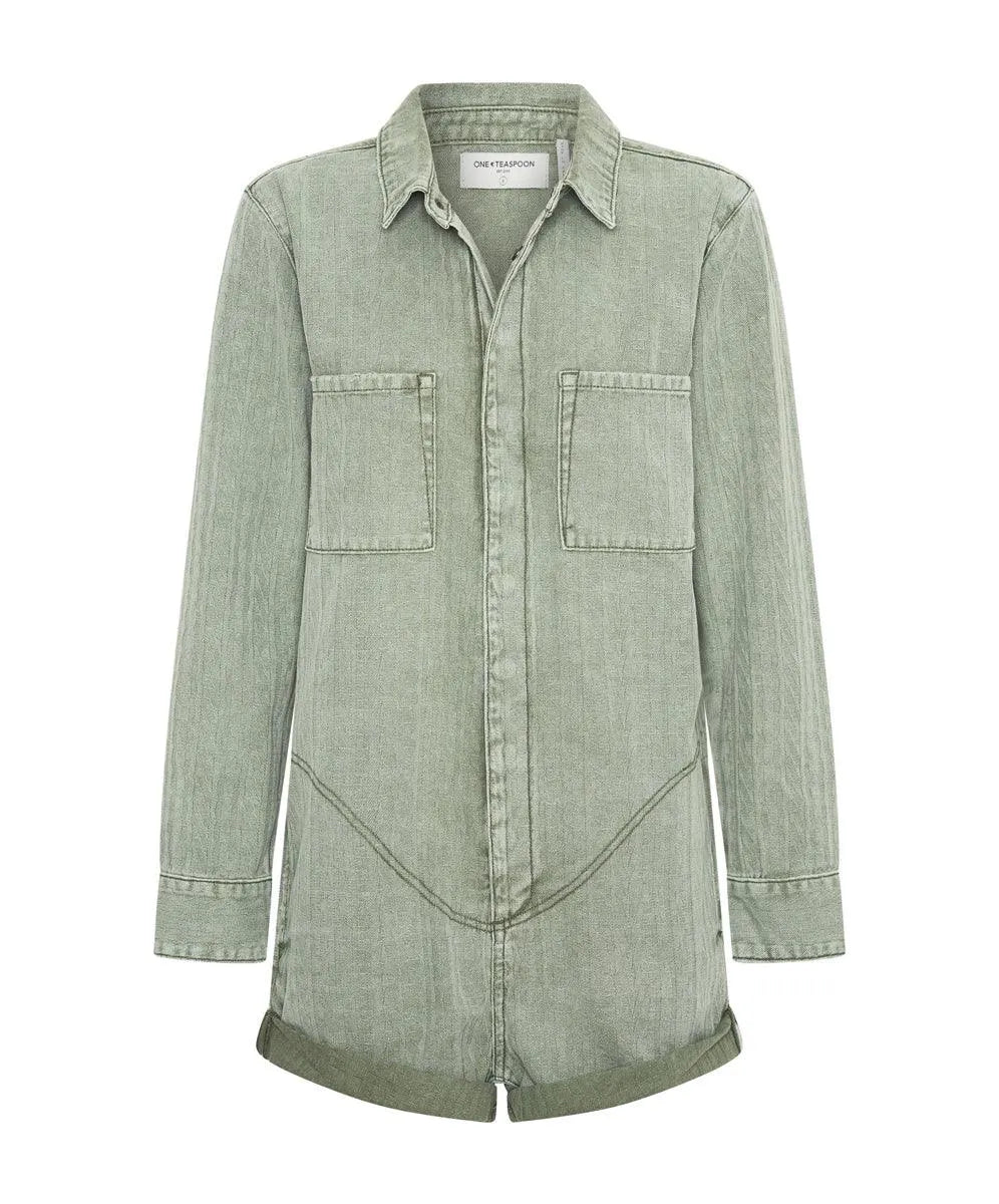 One Teaspoon Logo Jacquard Prophecy Jumpsuit in Khaki - the tartan fox