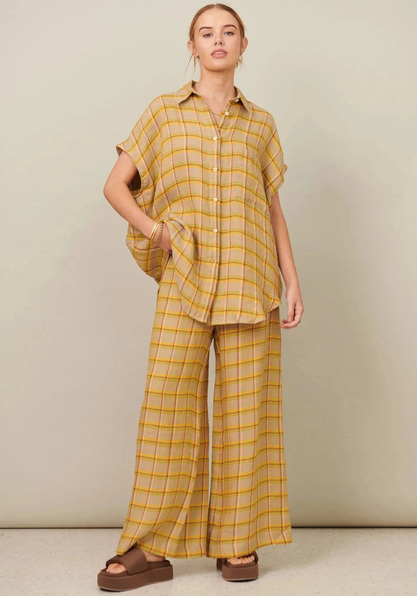 POL Clothing Amara Side Button Pant in Amara Check - the tartan fox