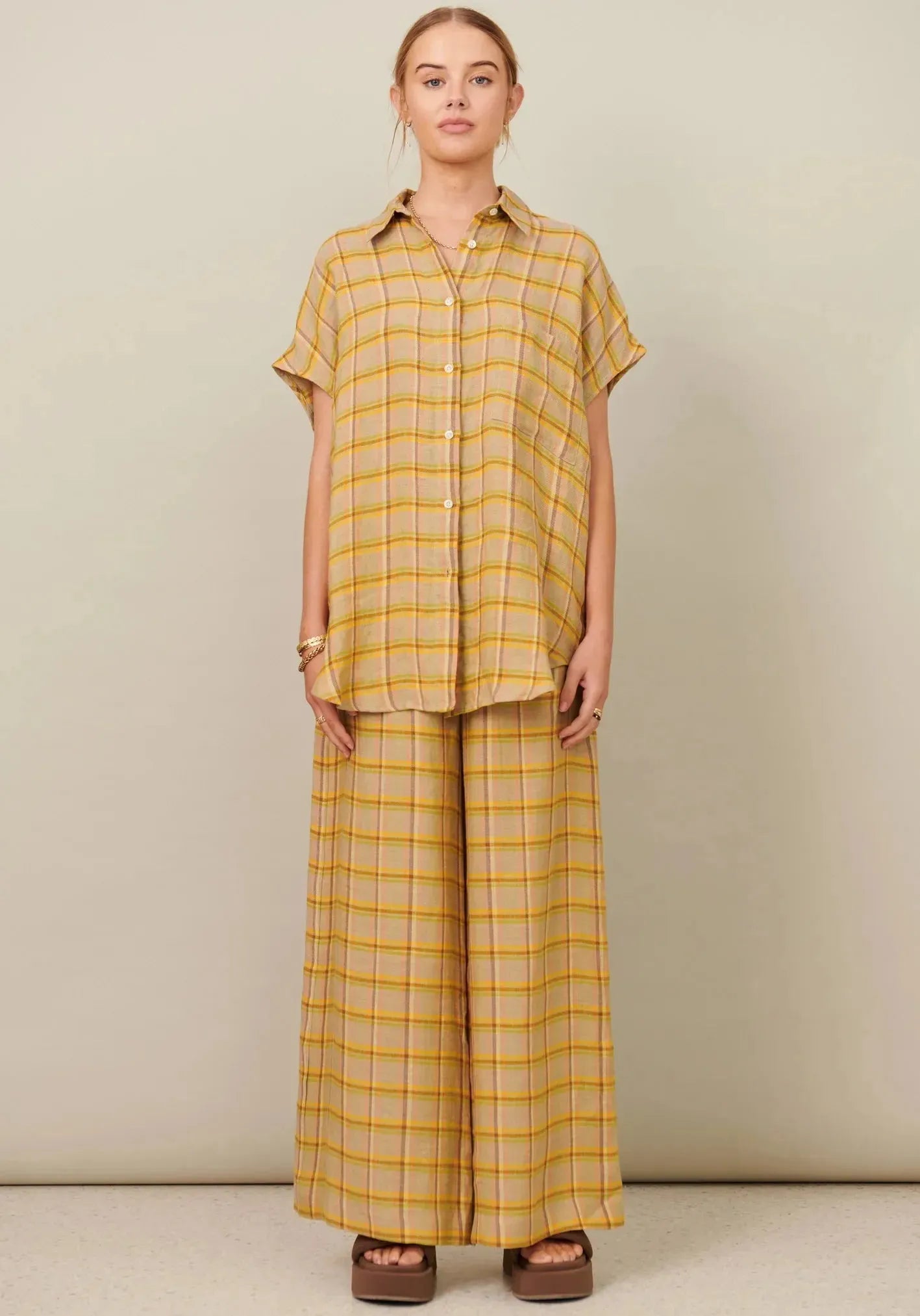 POL Clothing Amara Side Button Pant in Amara Check - the tartan fox
