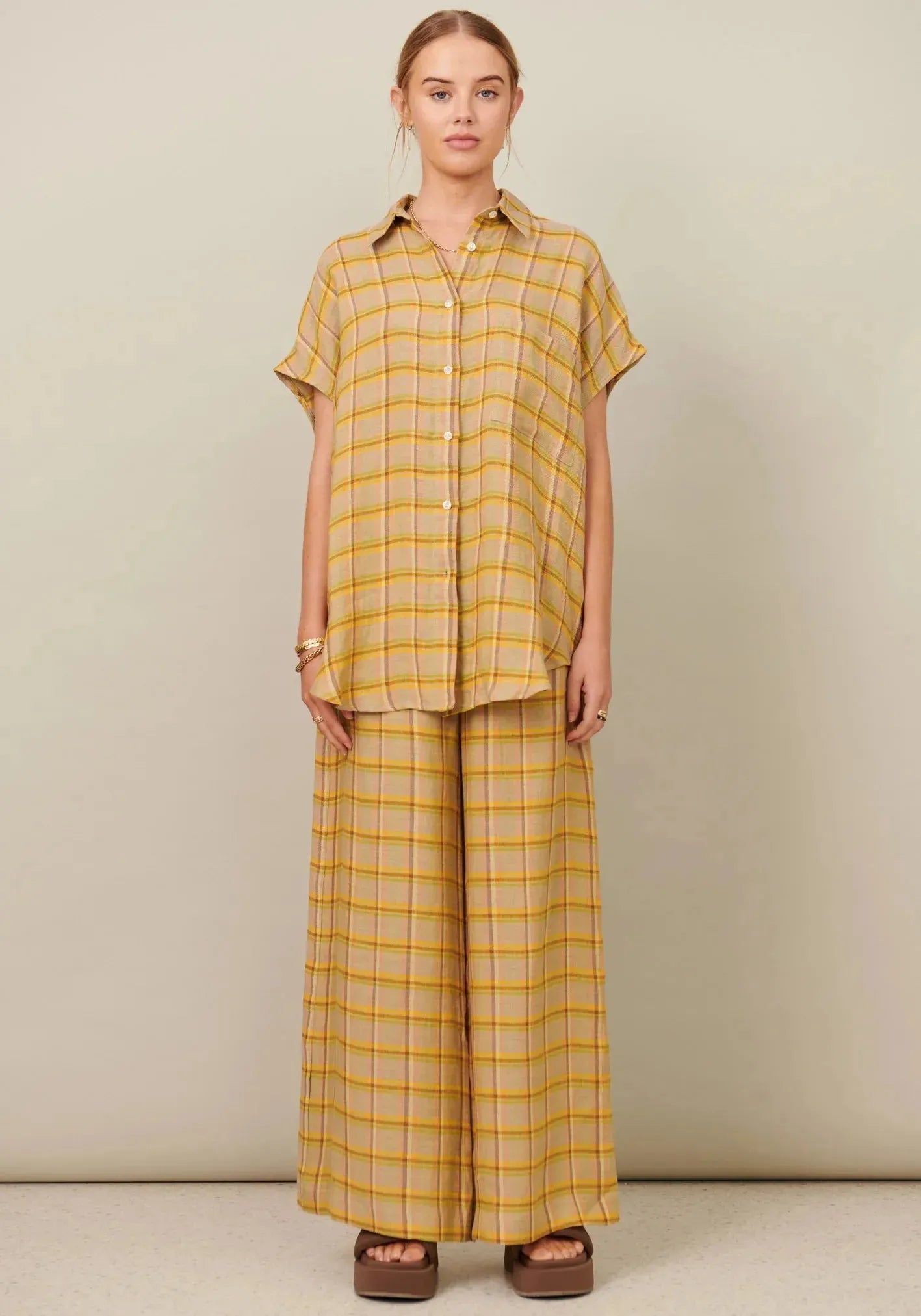 POL Clothing Amara Side Button Pant in Amara Check - the tartan fox