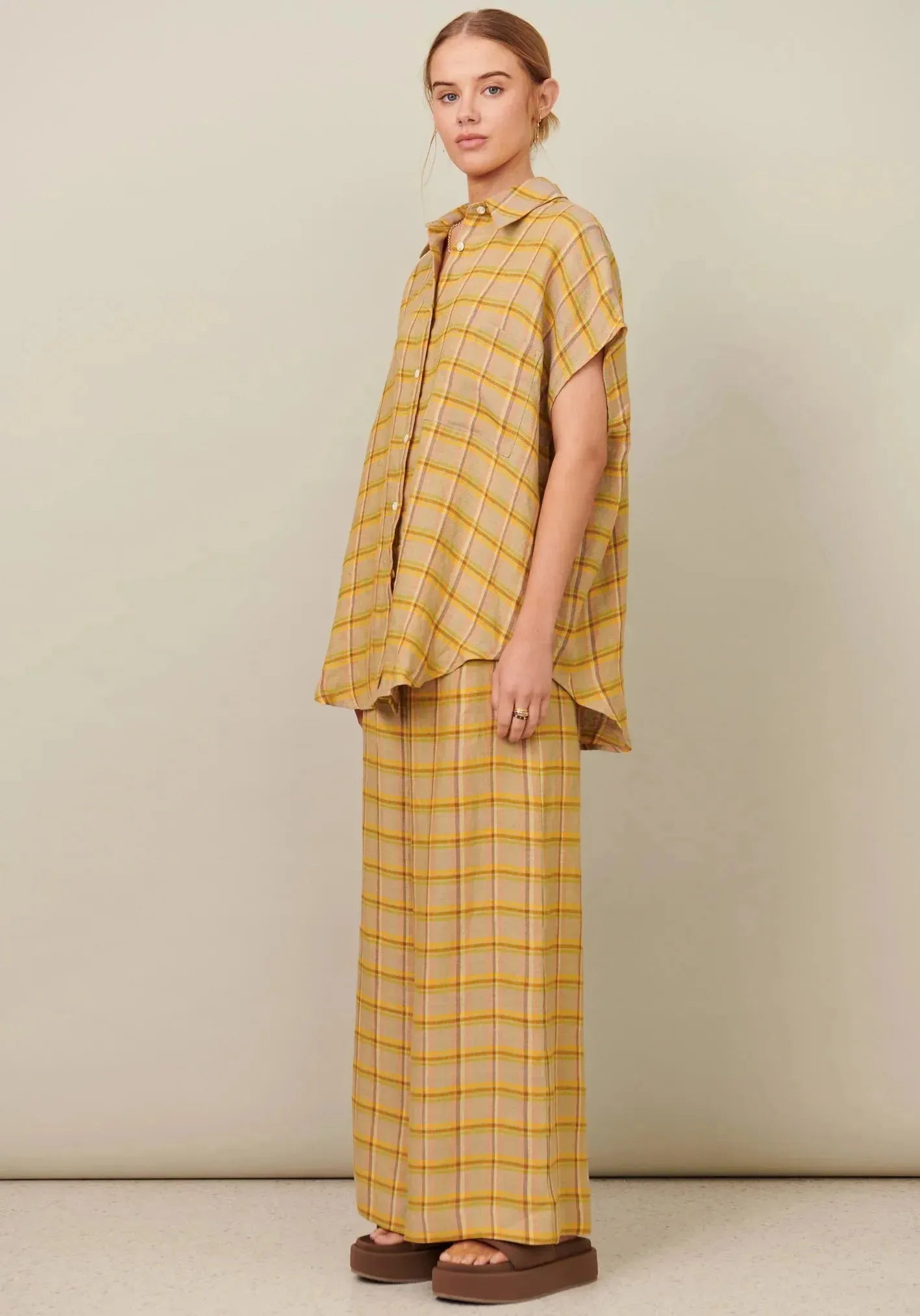 POL Clothing Amara Side Button Pant in Amara Check - the tartan fox