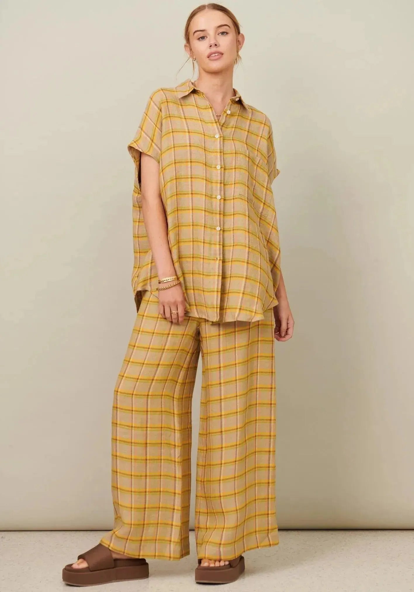 POL Clothing Amara Side Button Pant in Amara Check - the tartan fox