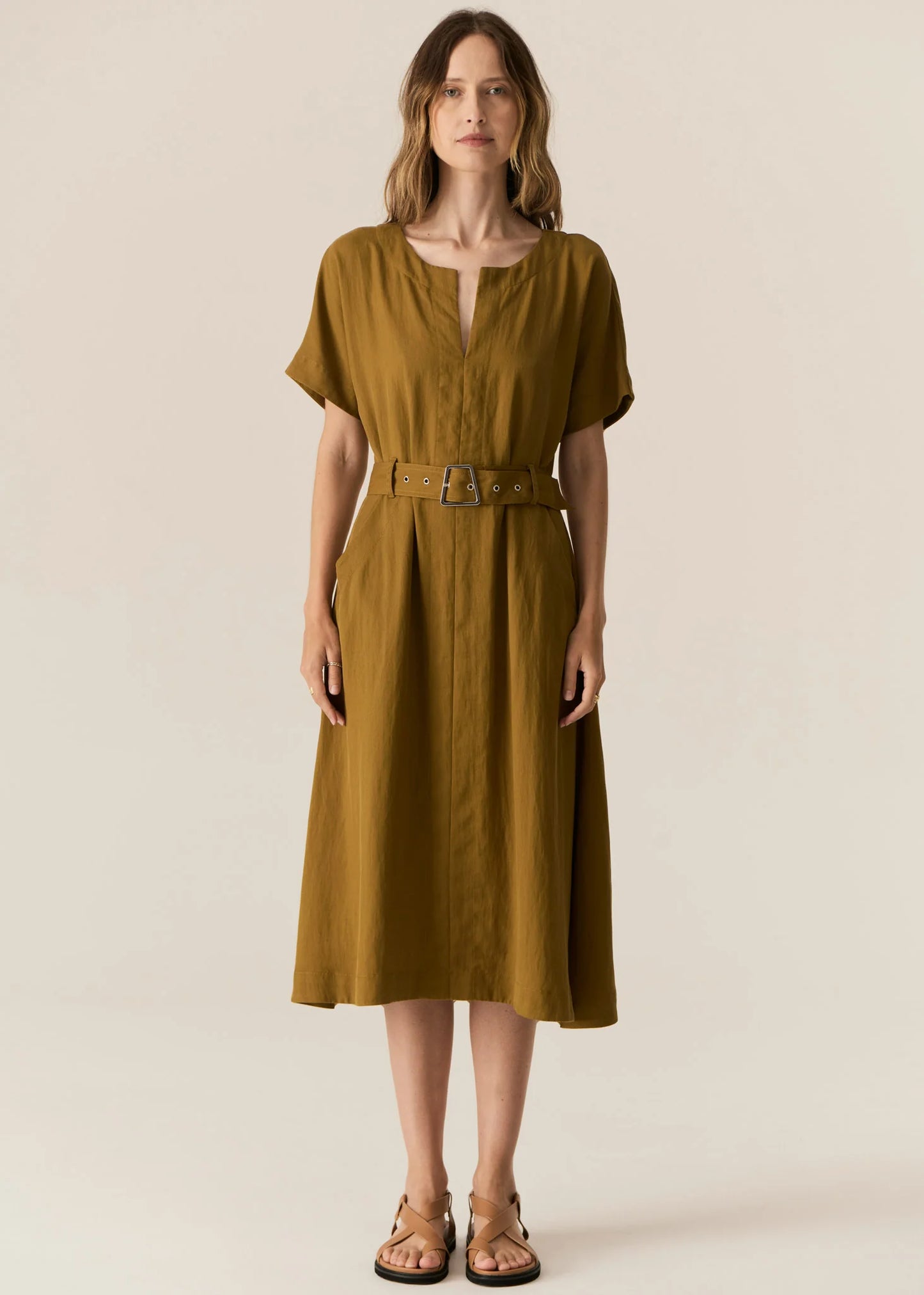 POL Faire Belted Dress in Khaki - the tartan fox