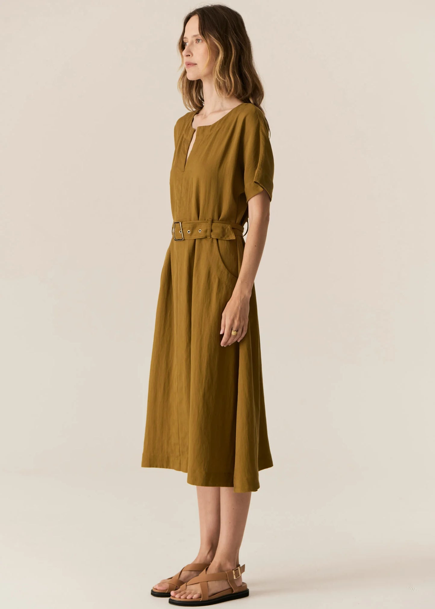 POL Faire Belted Dress in Khaki - the tartan fox