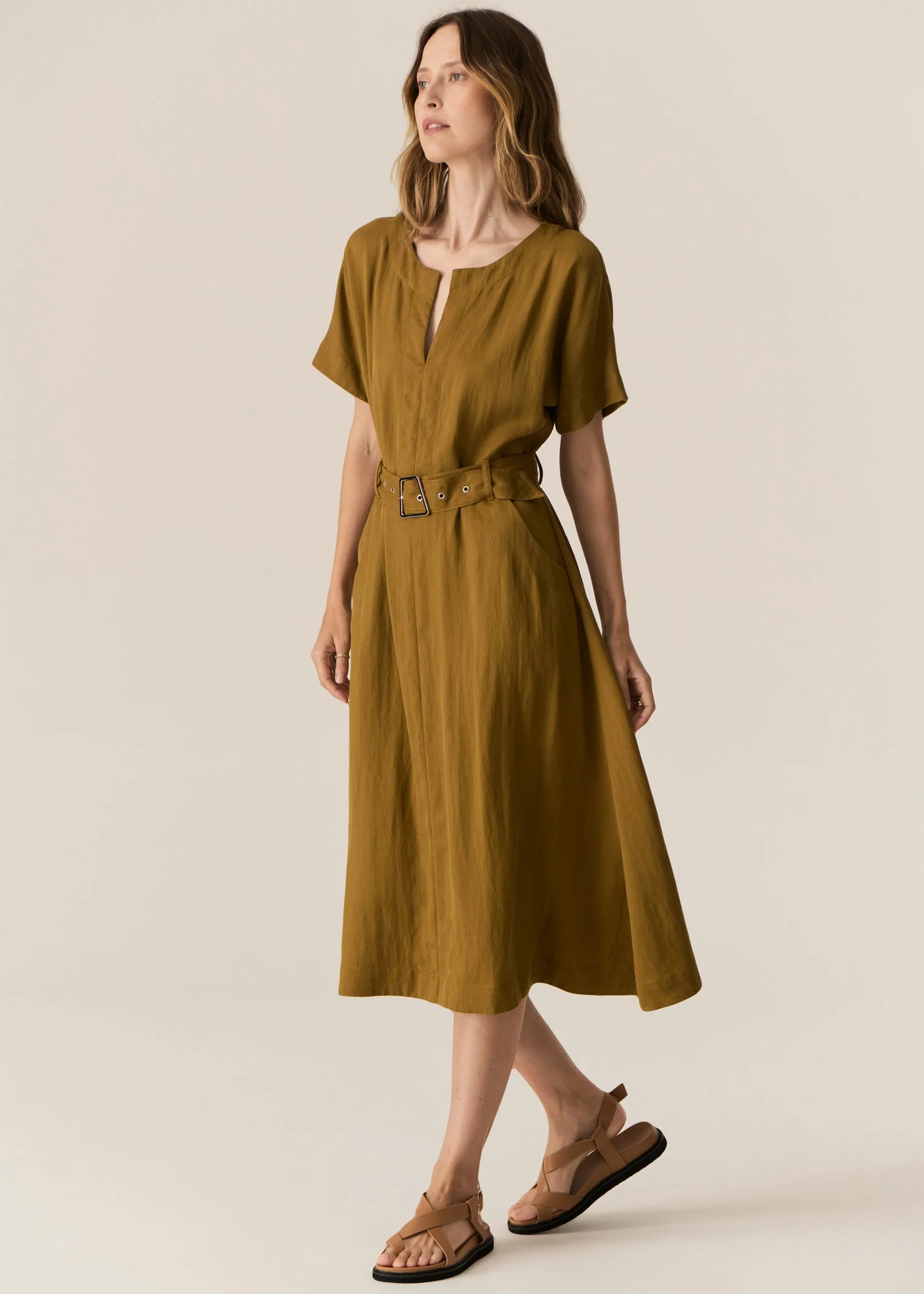 POL Faire Belted Dress in Khaki - the tartan fox