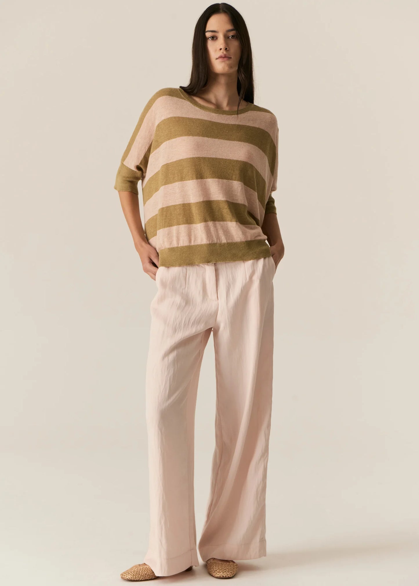 POL Milton Stripe Knit in Khaki / Pink - the tartan fox