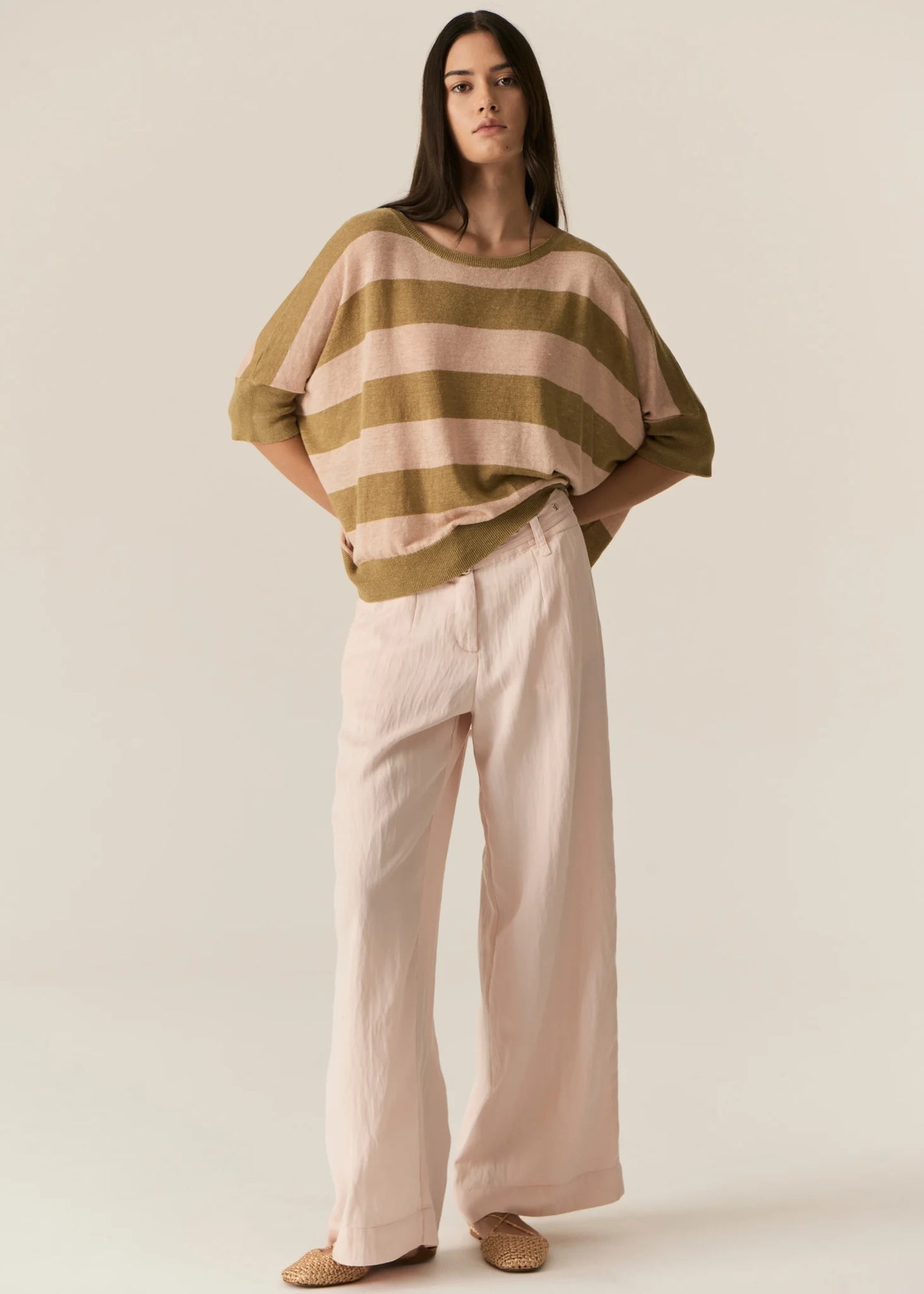 POL Milton Stripe Knit in Khaki / Pink - the tartan fox