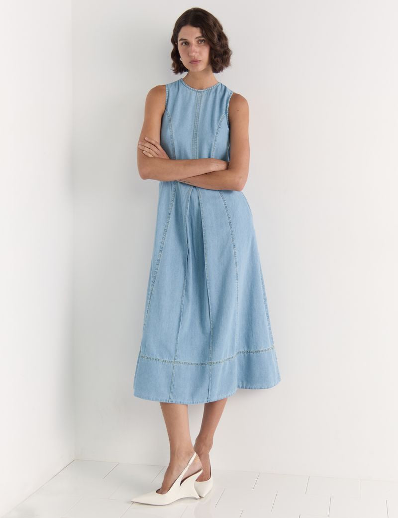 Staple the Label Amelia Chambray Dress in Light Wash Blue - the tartan fox