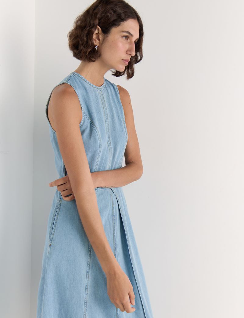 Staple the Label Amelia Chambray Dress in Light Wash Blue - the tartan fox
