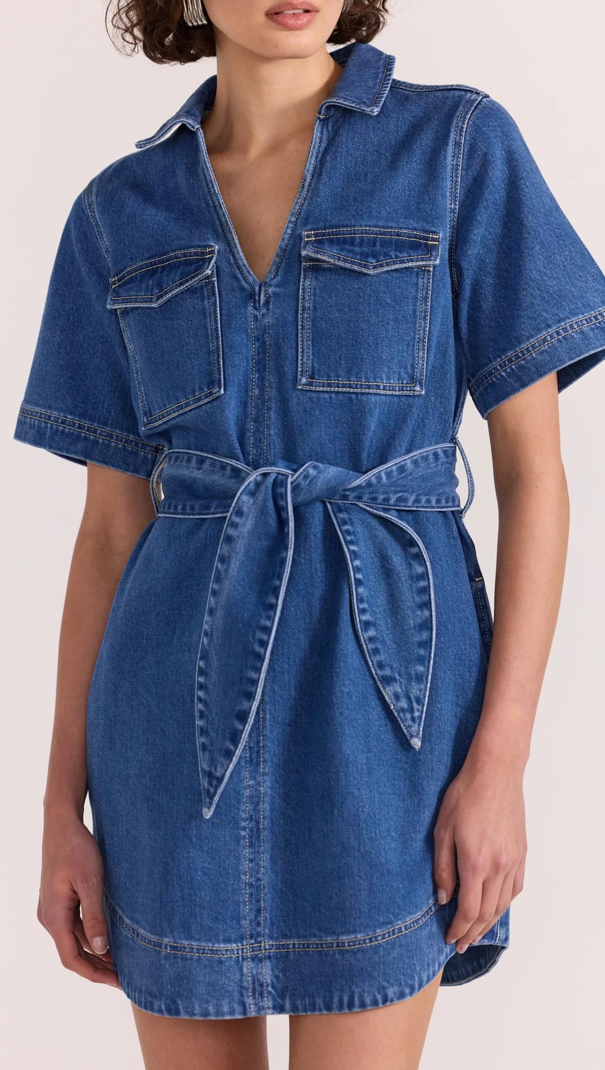 Staple the Label Brooks Denim Mini Dress in Mid Blue - the tartan fox