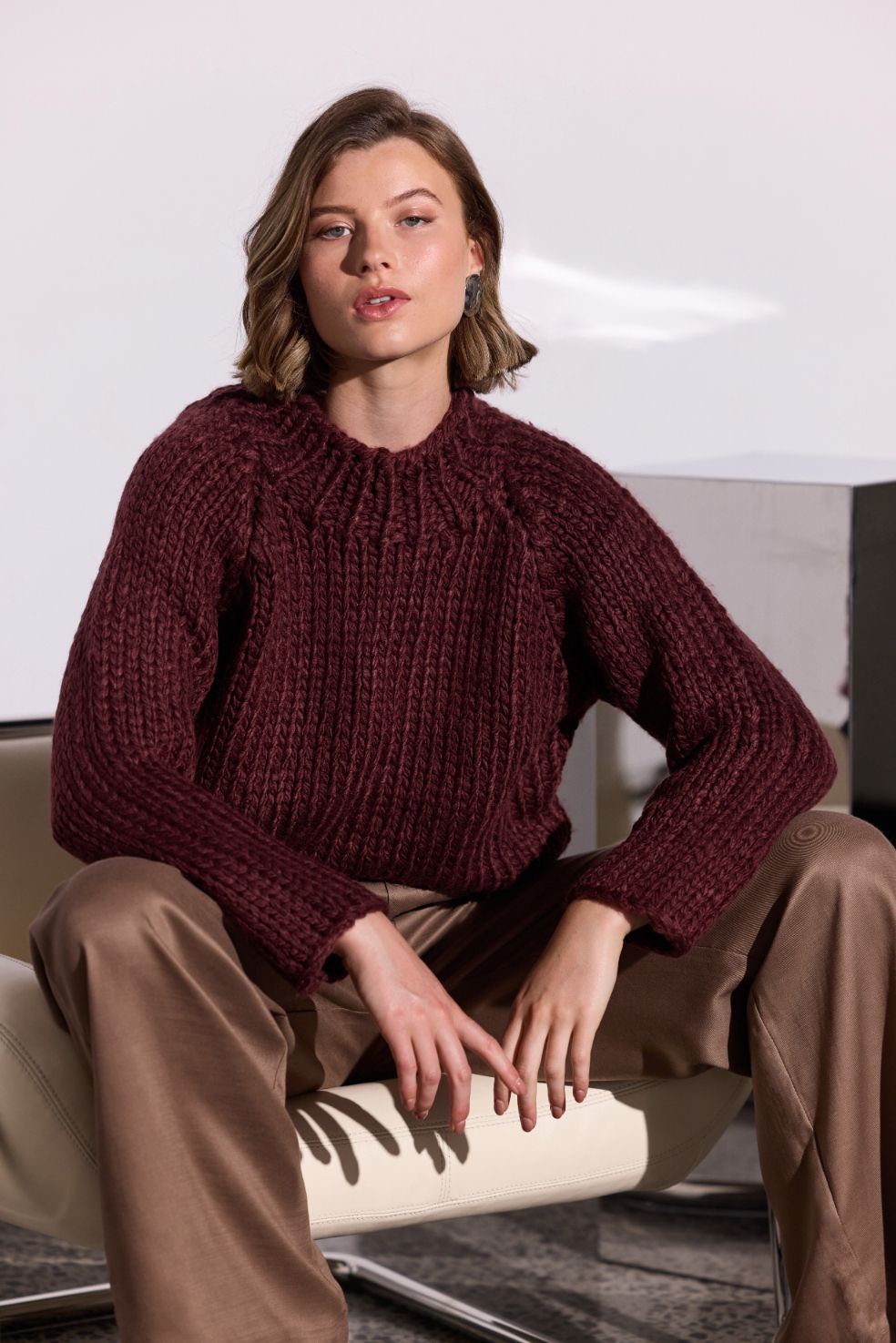 Staple the Label Demi Chunky Jumper in Wine - the tartan fox