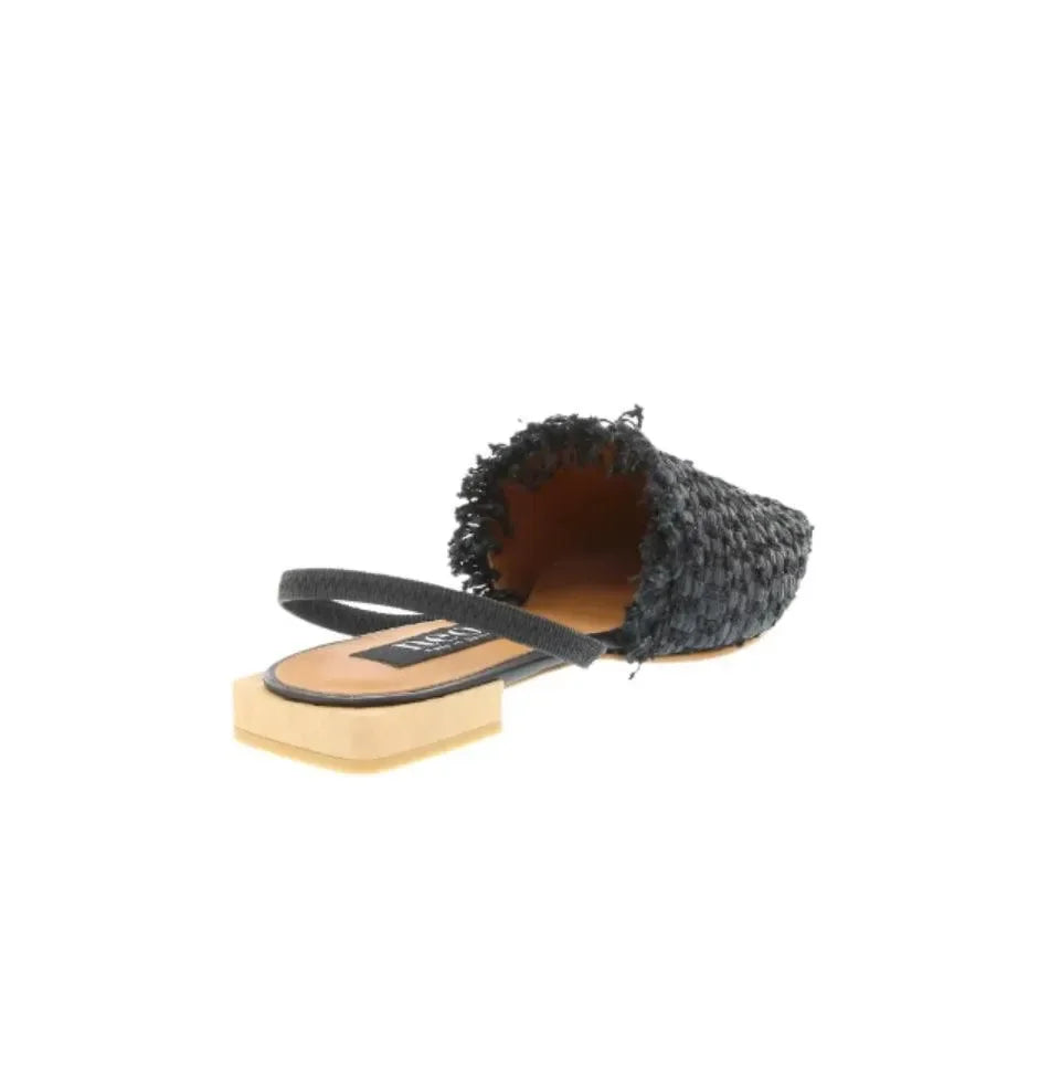 Black woven mule sandal with frayed edge and block heel, women's fashion footwear