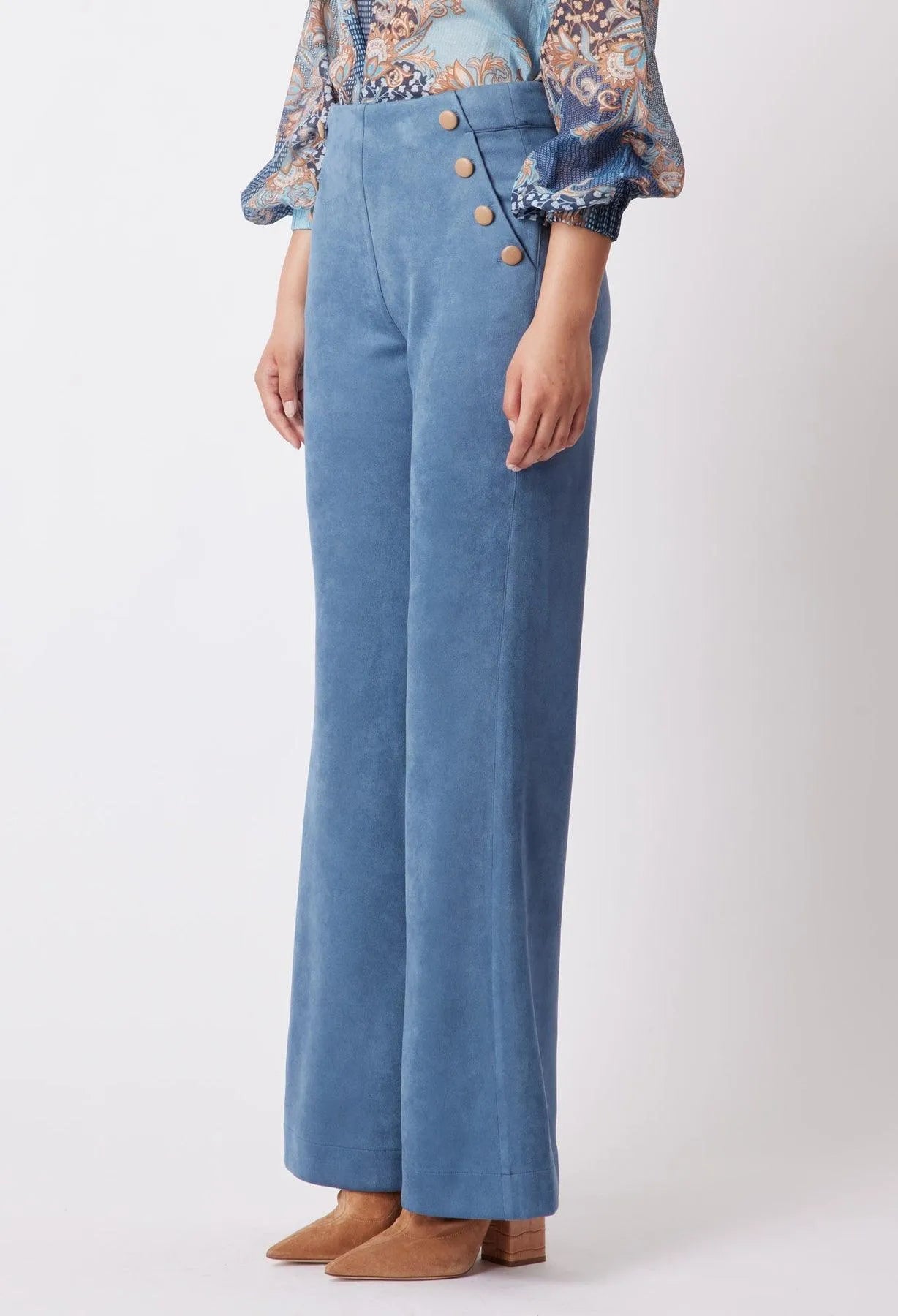 OnceWas Getty Faux Suede Pant in Chambray - the tartan fox