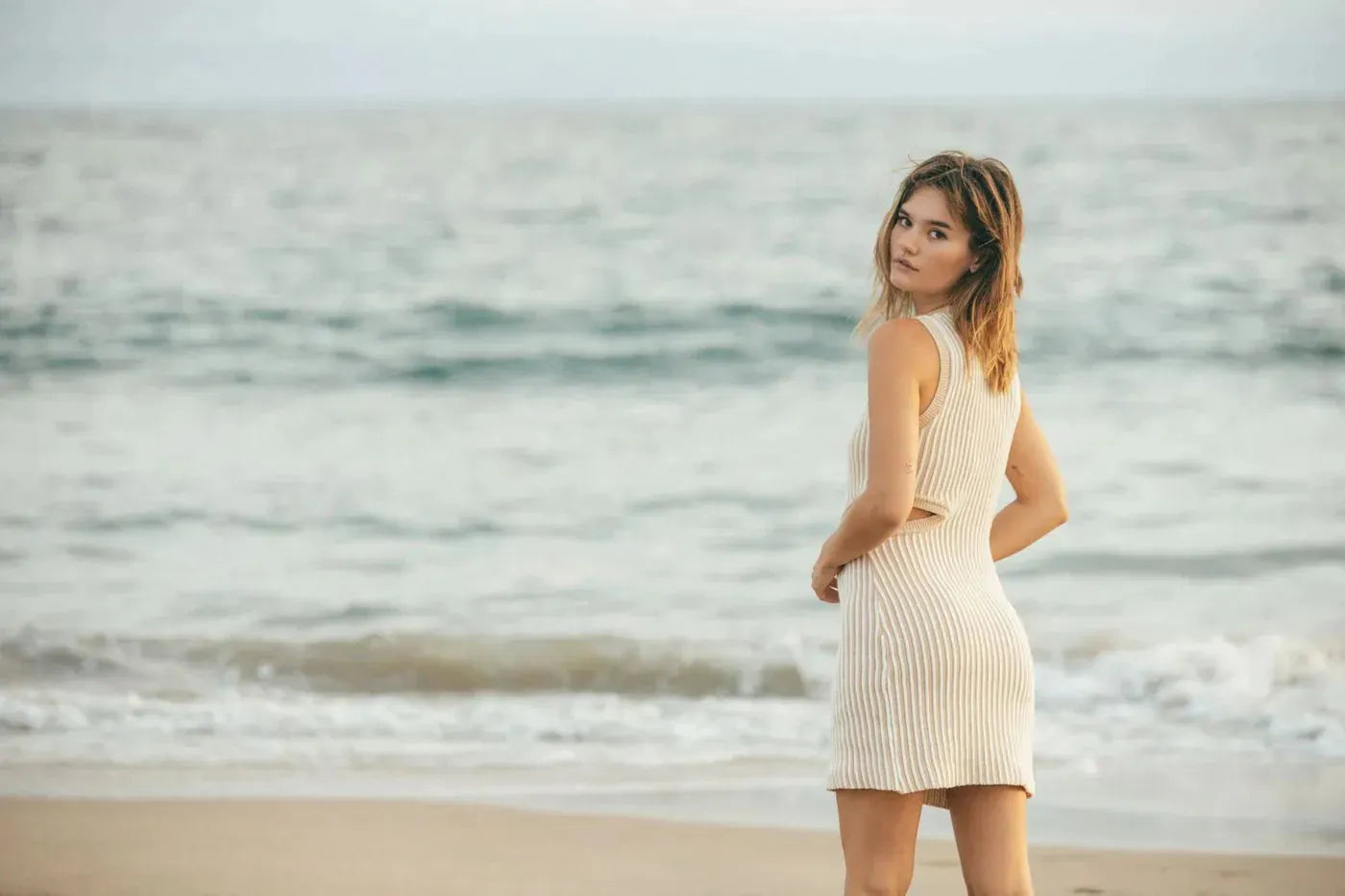 Rue Stiic Emily Mini Knit Dress in Off White Sand Stripe - the tartan fox