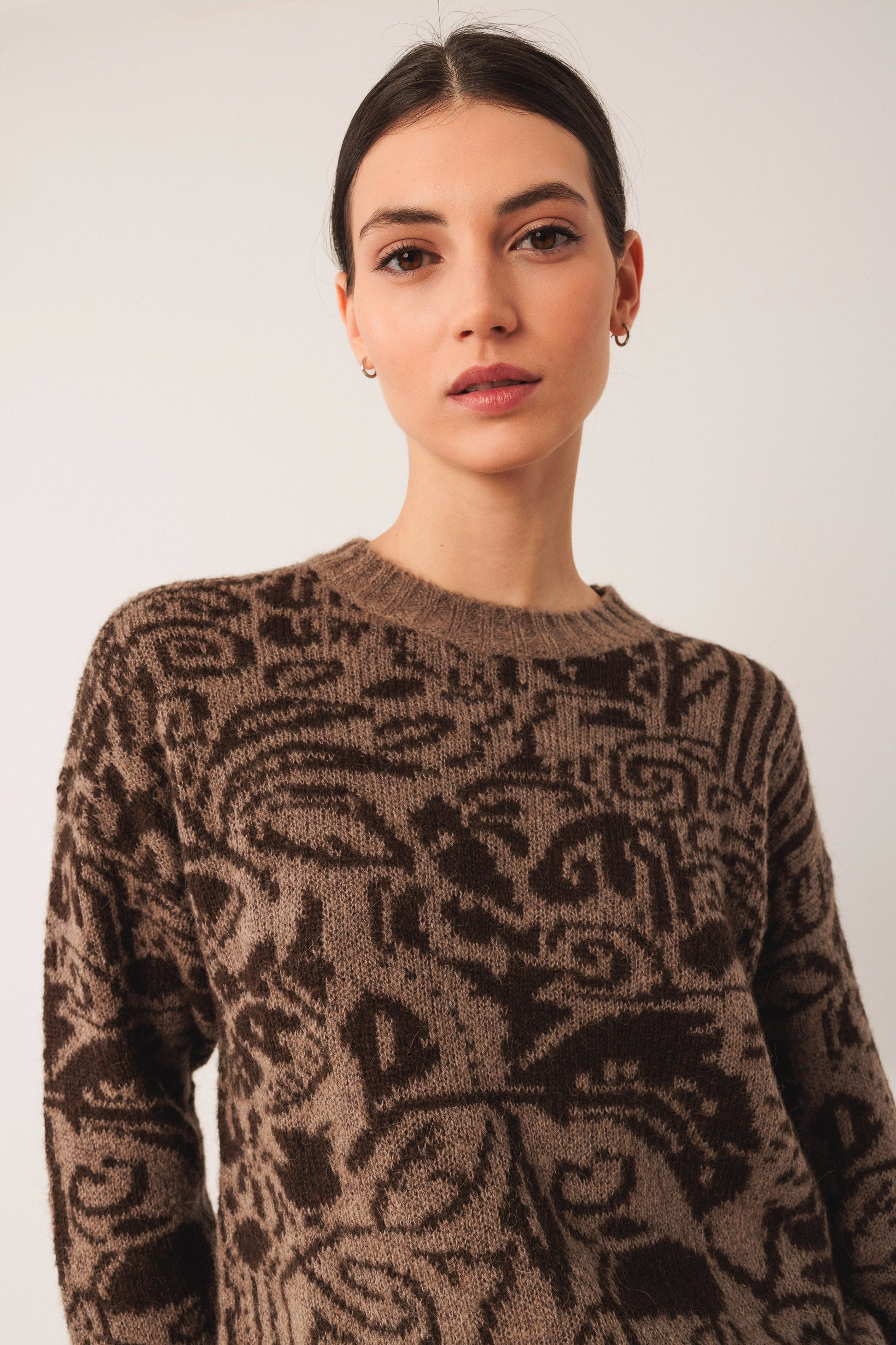 Woman in brown patterned knit sweater, stylish women's fashion