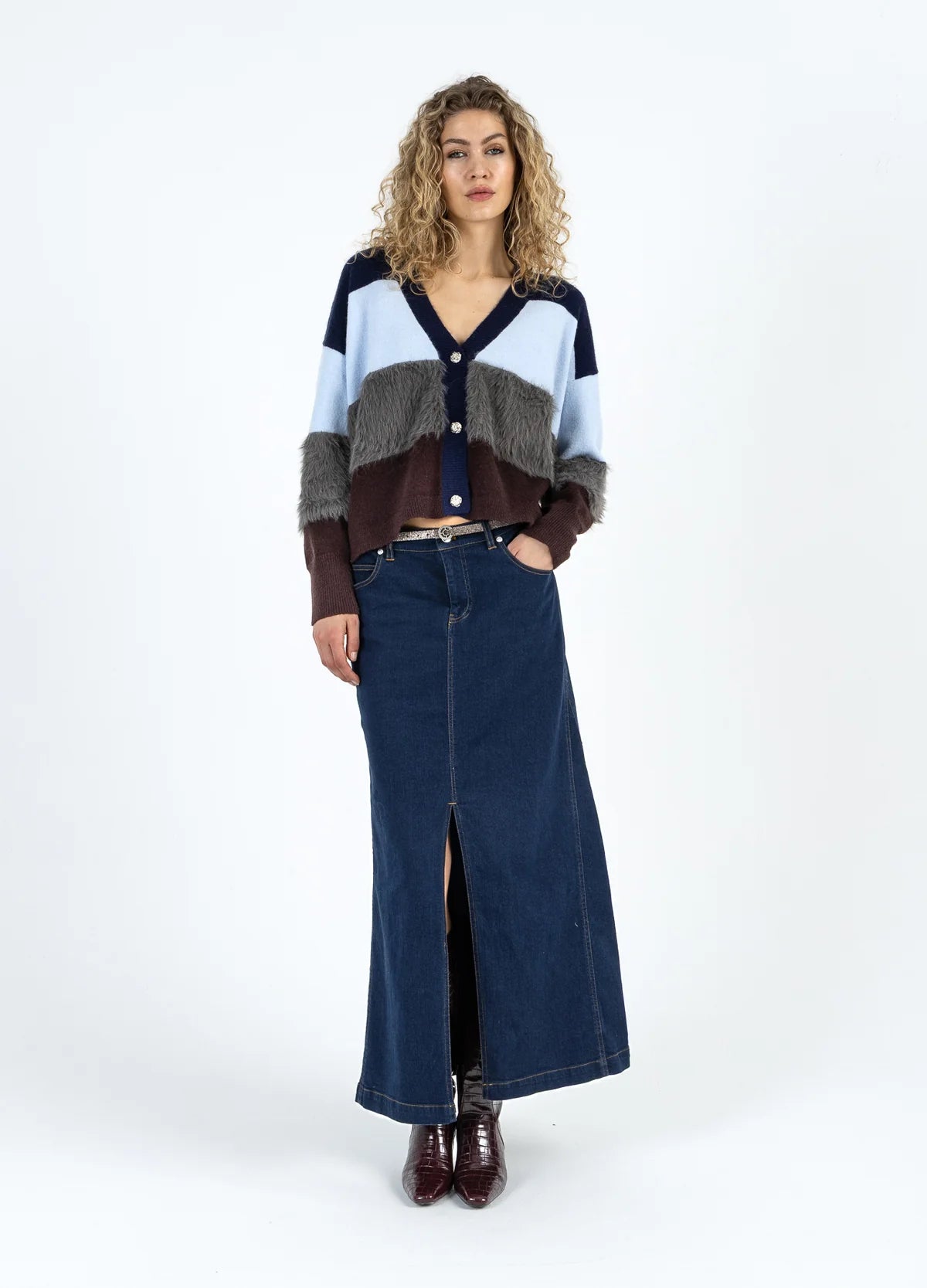 Coster Colourblock Knit Cardigan with Furry Sleeves