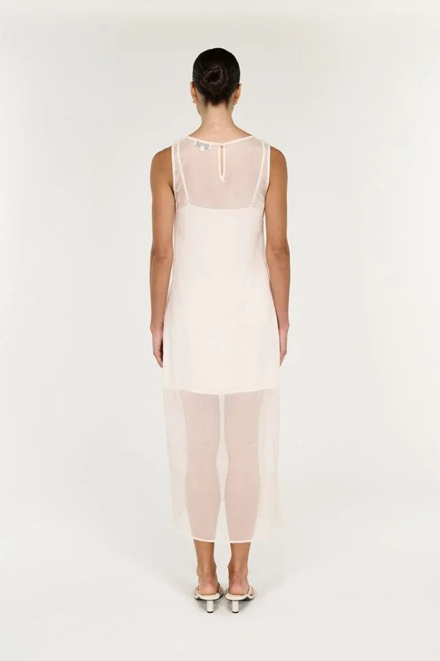 Back view of the STAPLE THE LABEL Aria Sheer Layered Midi Dress in cream.