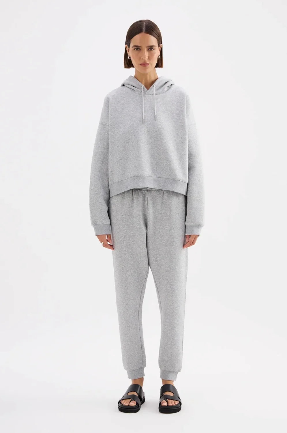 Grey hoodie and jogger set with black sandals, women's casual fashion