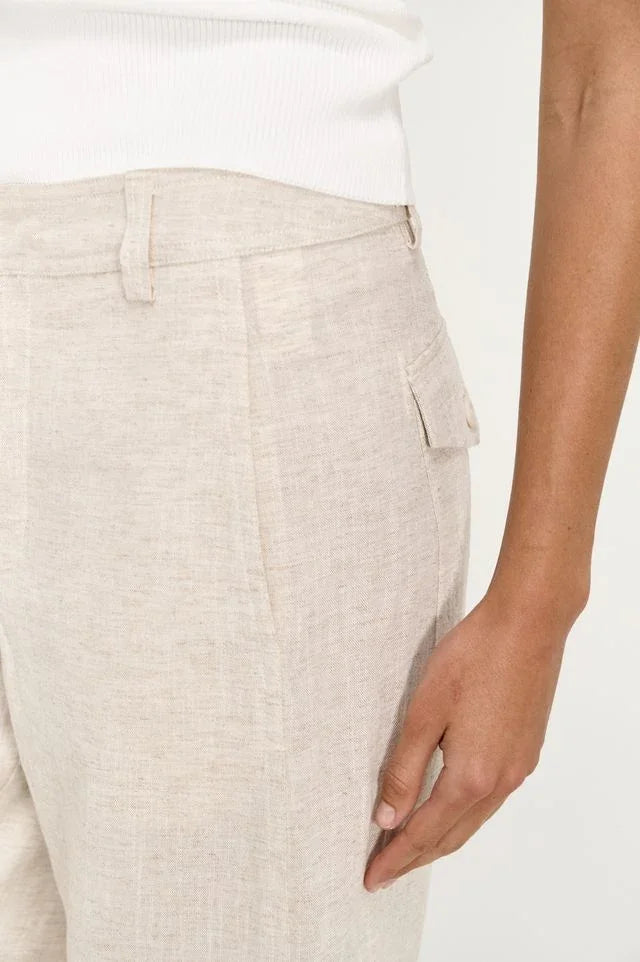 Close-up of STAPLE THE LABEL Neve Linen Barrel Leg Pant in a neutral beige tone.