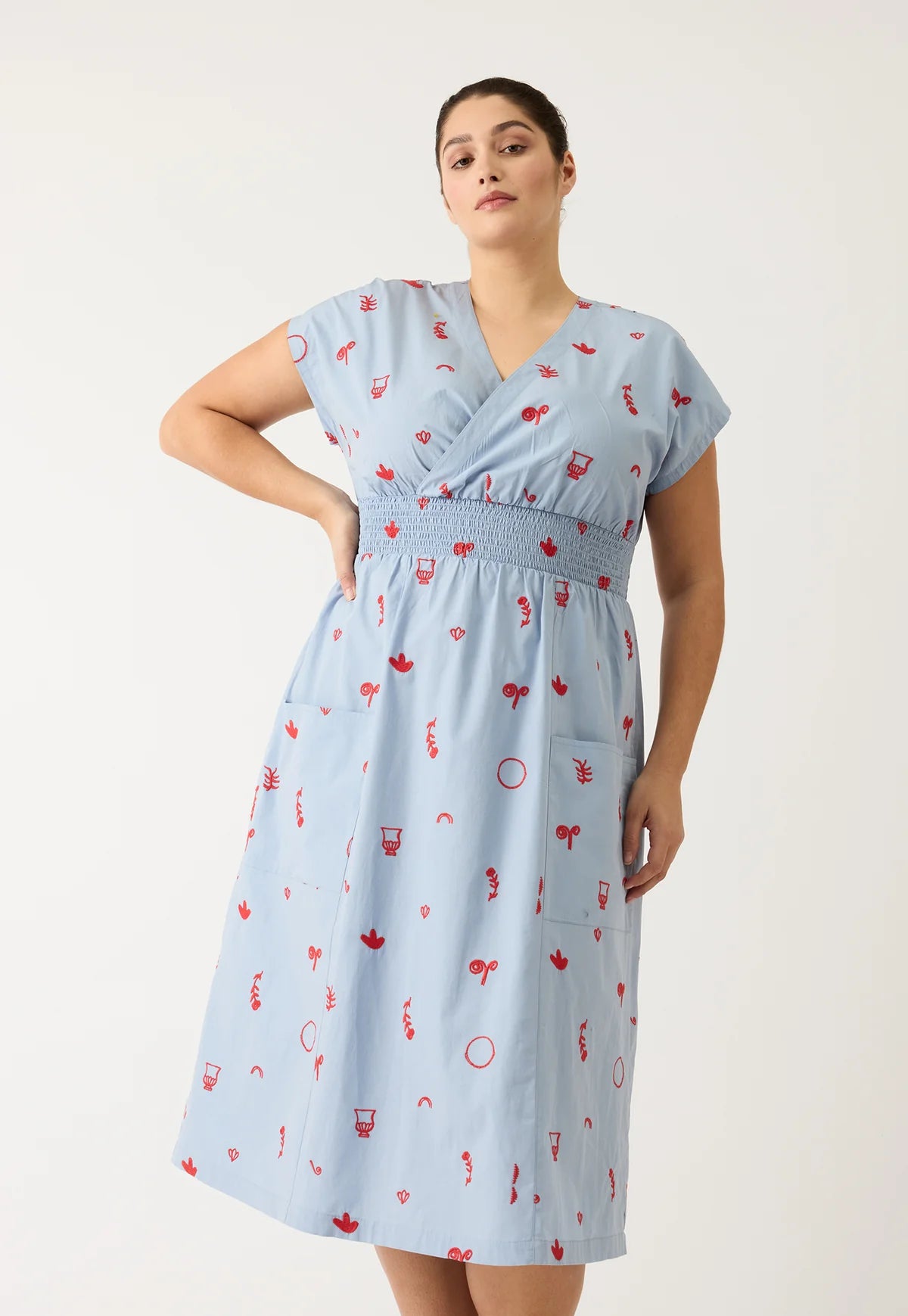 Nancybird Hana Wrap Dress in Blue with Red Motif Embroidery