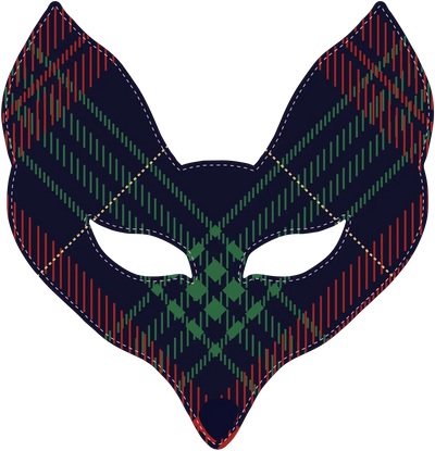 Fox-shaped mask with a dark navy, red, and green tartan pattern.