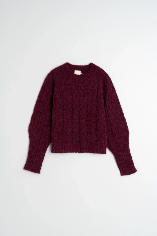 Burgundy cable knit sweater with cozy texture, perfect for women's fashion