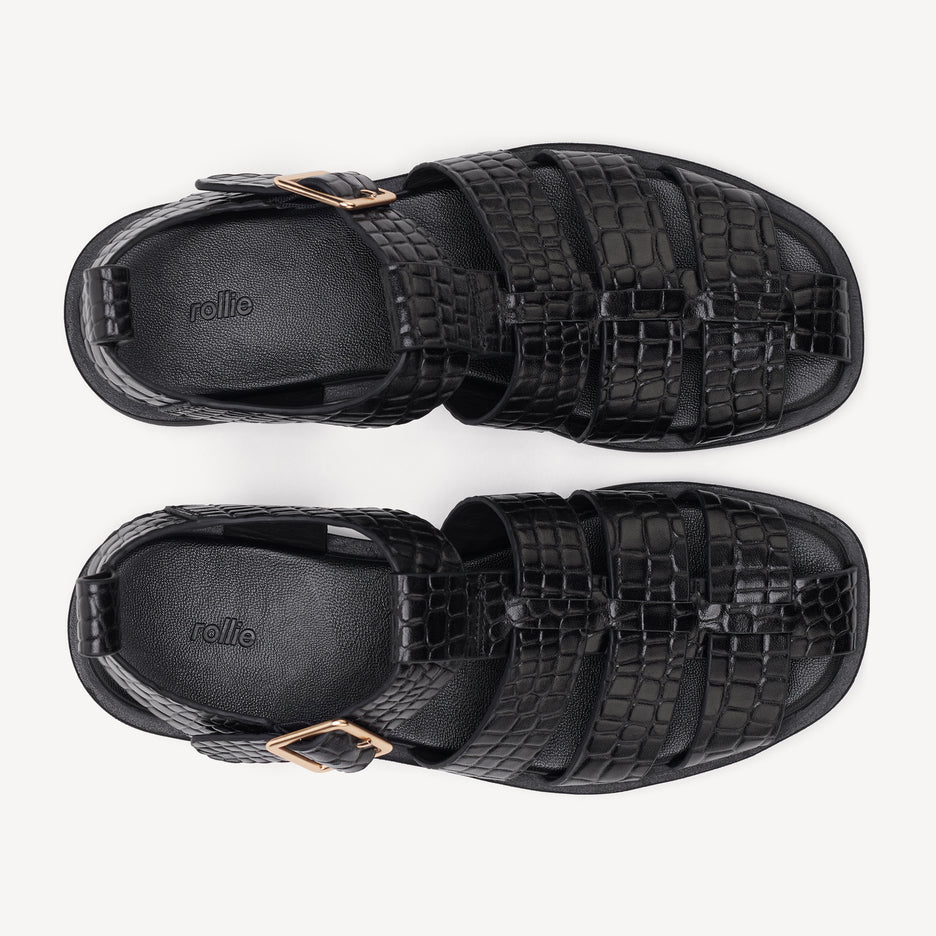Rollie Fisherman Sandal in Black Embossed Leather