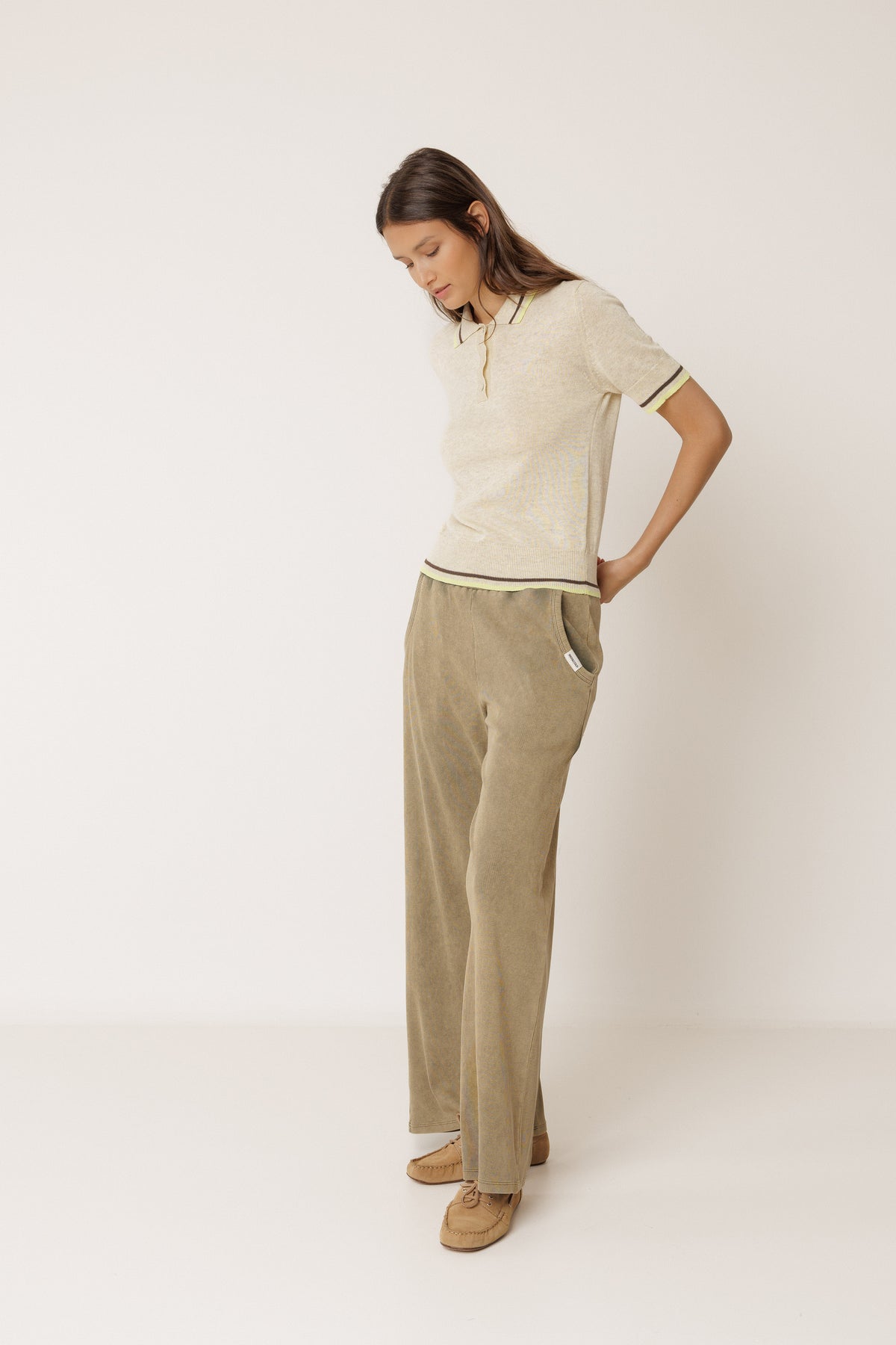 Indi & Cold Contrast Stripe Knit Polo in Beige