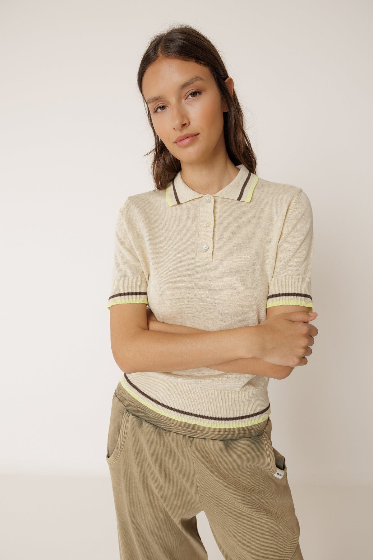 Indi & Cold Contrast Stripe Knit Polo in Beige