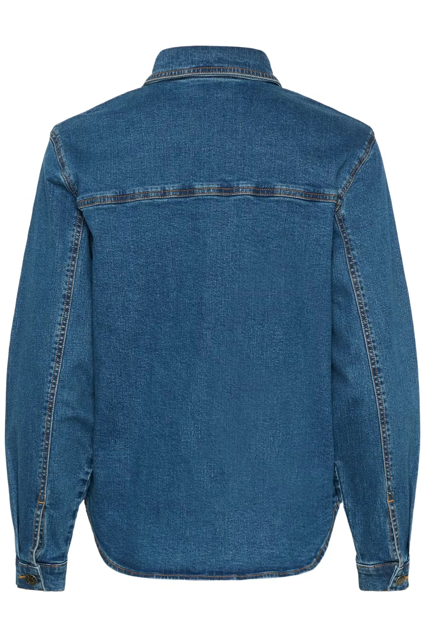 Blue denim shirt jacket with long sleeves and button cuffs, back view