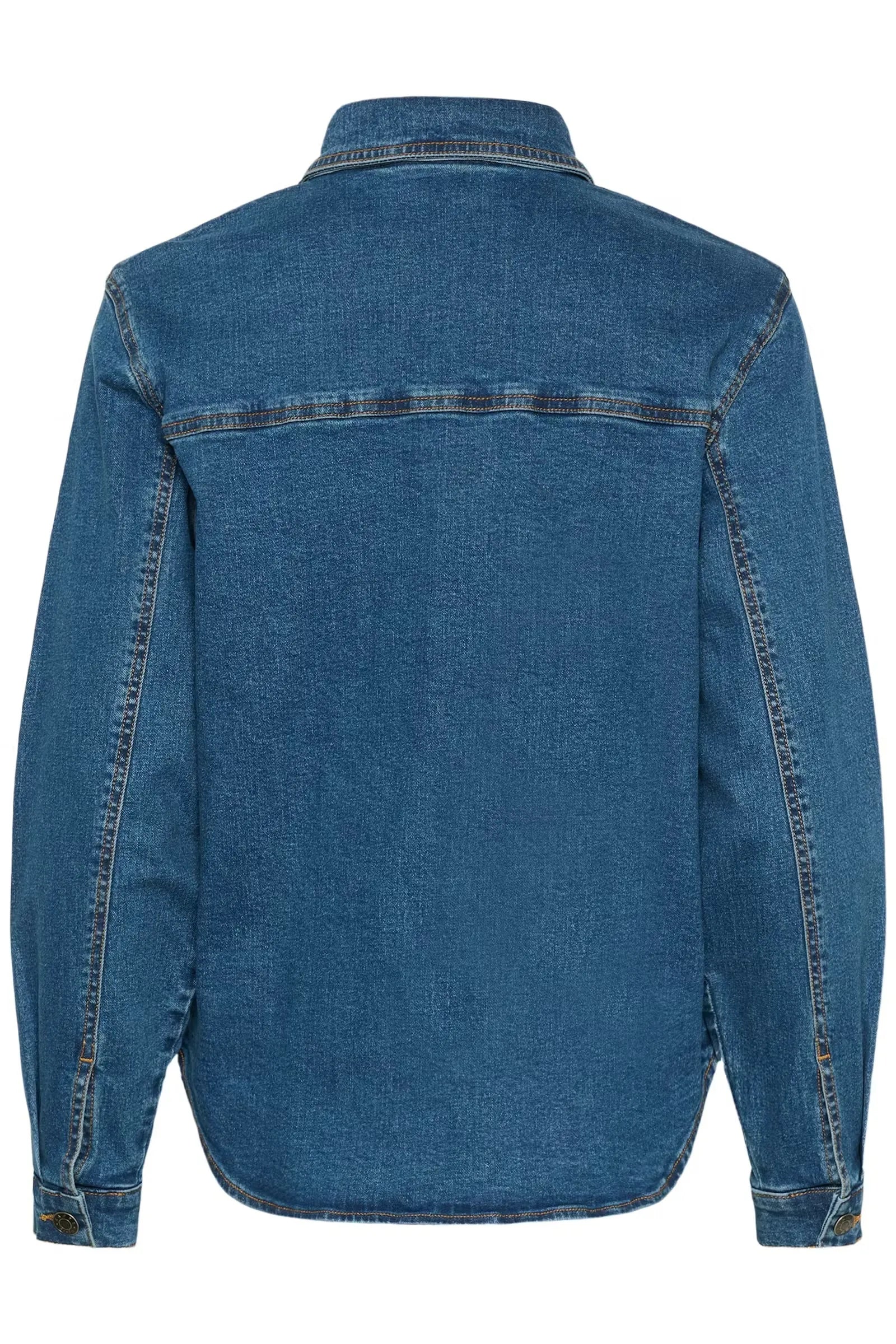 Blue denim shirt jacket with long sleeves and button cuffs, back view