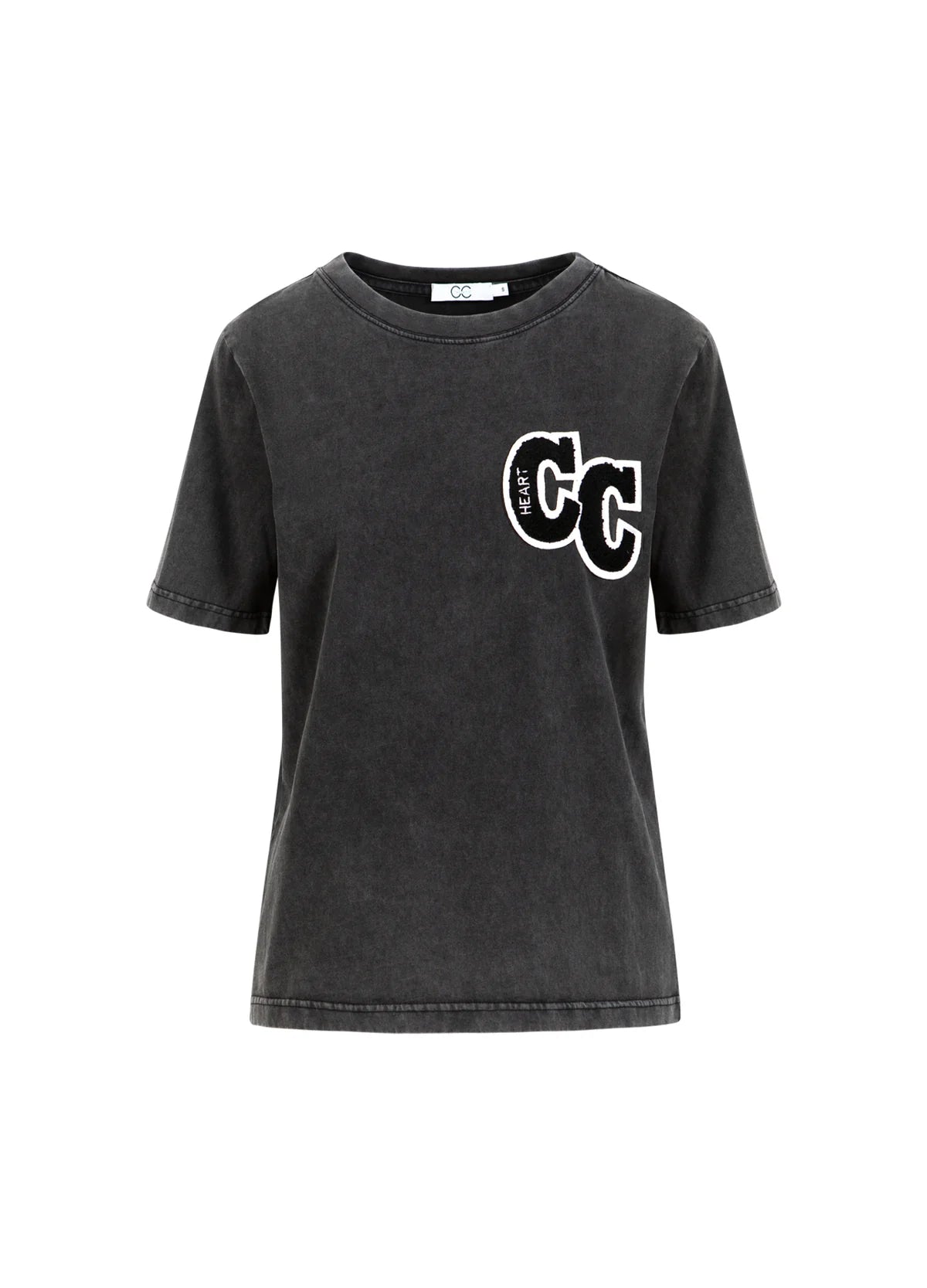 Washed black women's t-shirt with CC Heart logo, featured at The Tartan Fox boutique.