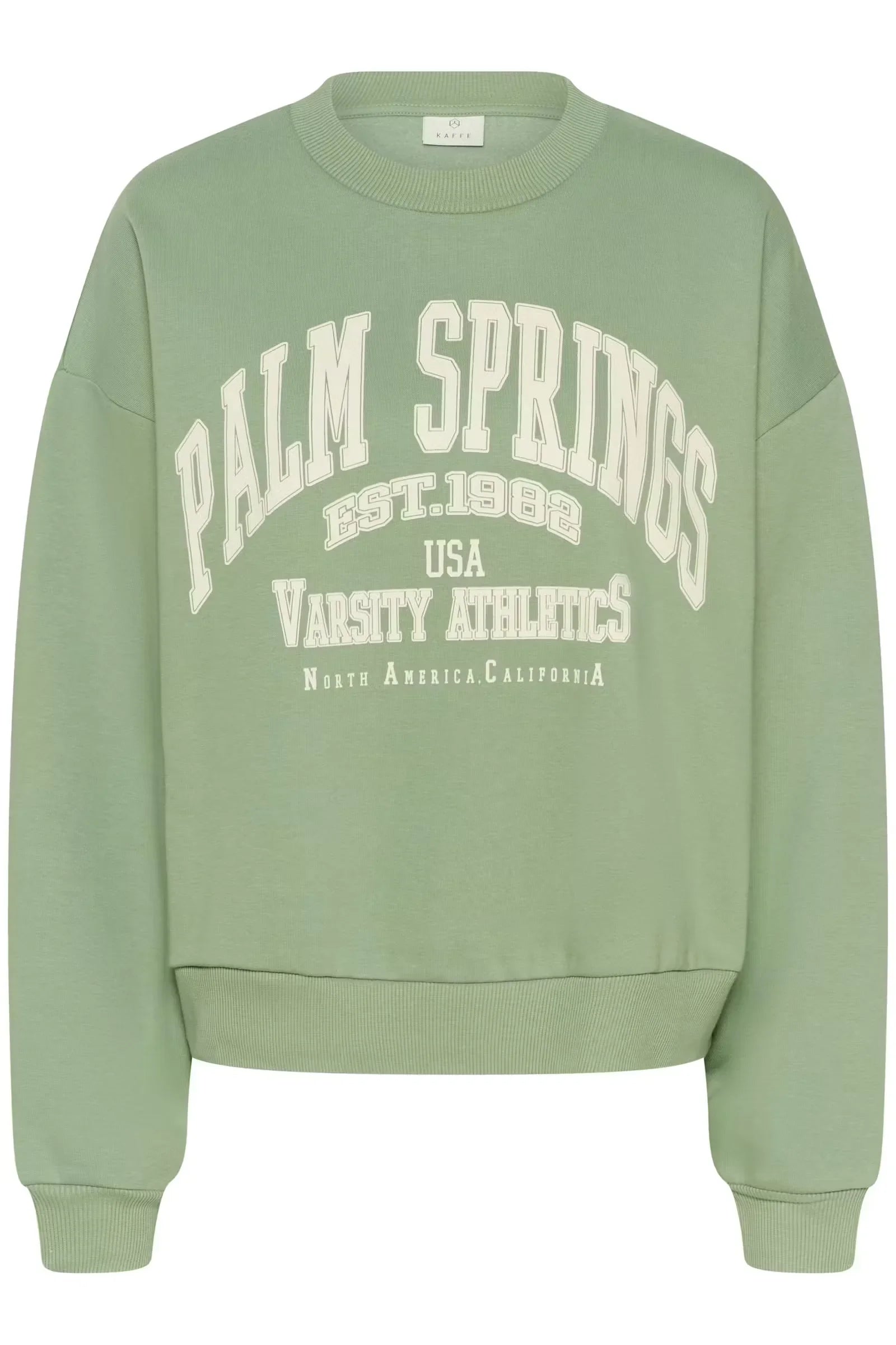 Mint green varsity sweatshirt with Palm Springs 1982 graphic, USA athletics design, ribbed cuffs and hem