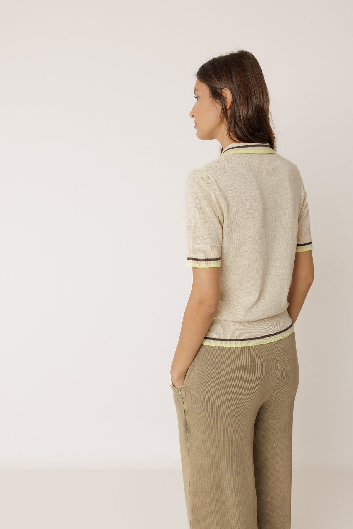 Indi & Cold Contrast Stripe Knit Polo in Beige